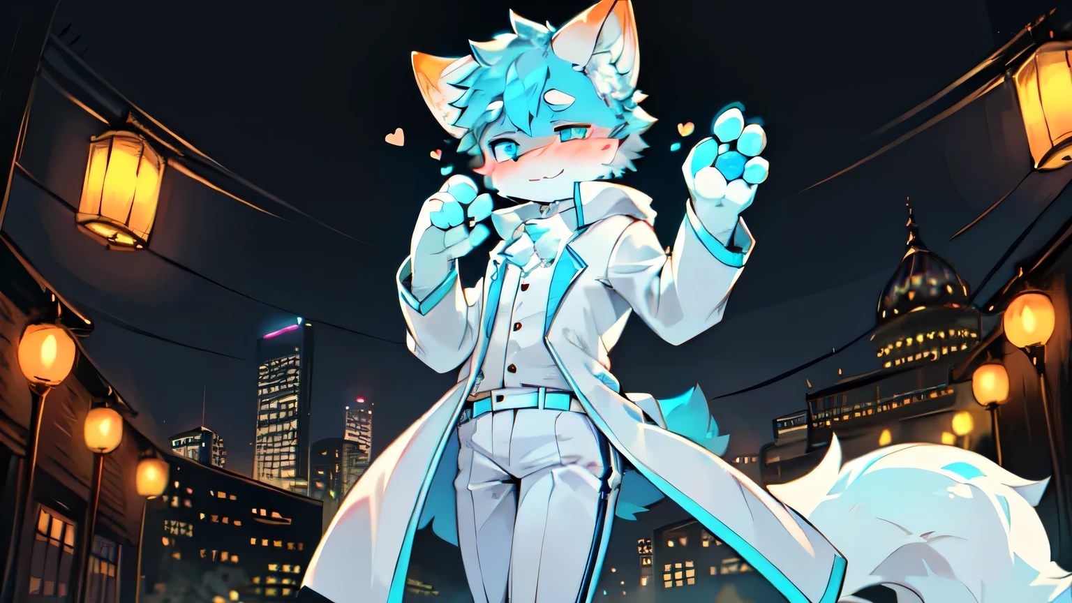 un joven (male) zorro blanco con ojos cian, orejas grandes y cola esponjosa, nariz negra, patas grandes con frijoles cian, Aspecto guapo, looking at the camera with a flirtatious look, rubor, lleva una bata blanca y pantalones blancos, El fondo es una ciudad japonesa por la noche..