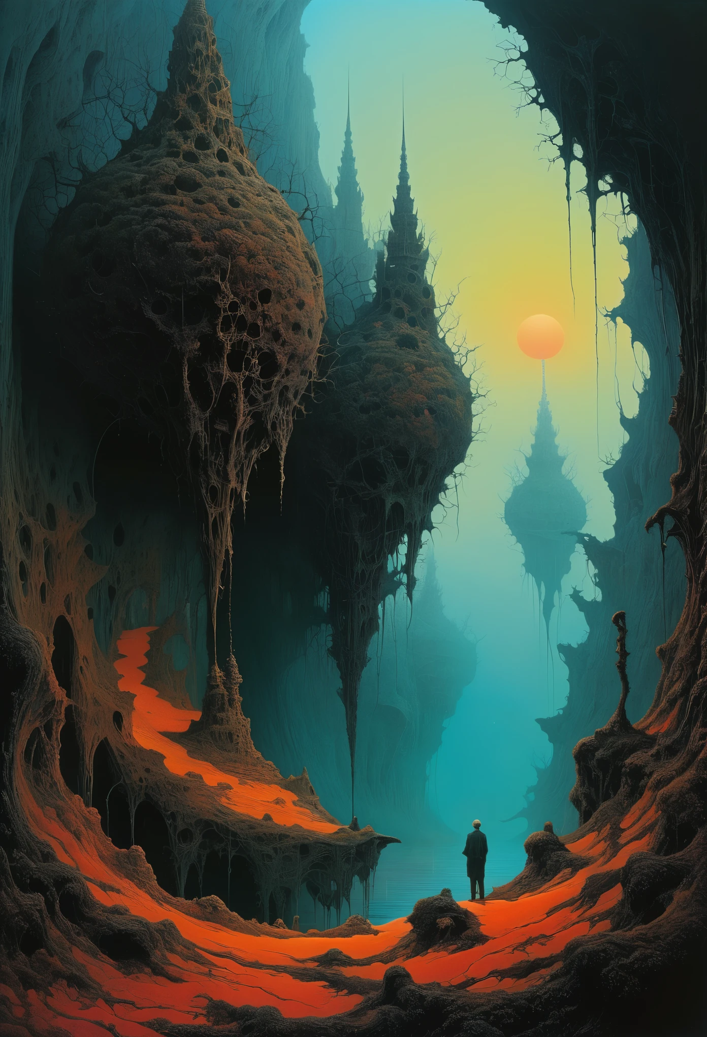 A dark, cavernous underworld filled with intricate, surreal landscapes where Mandelbrot patterns intertwine with bizarre organic structures style of Zdzislaw Beksinski
