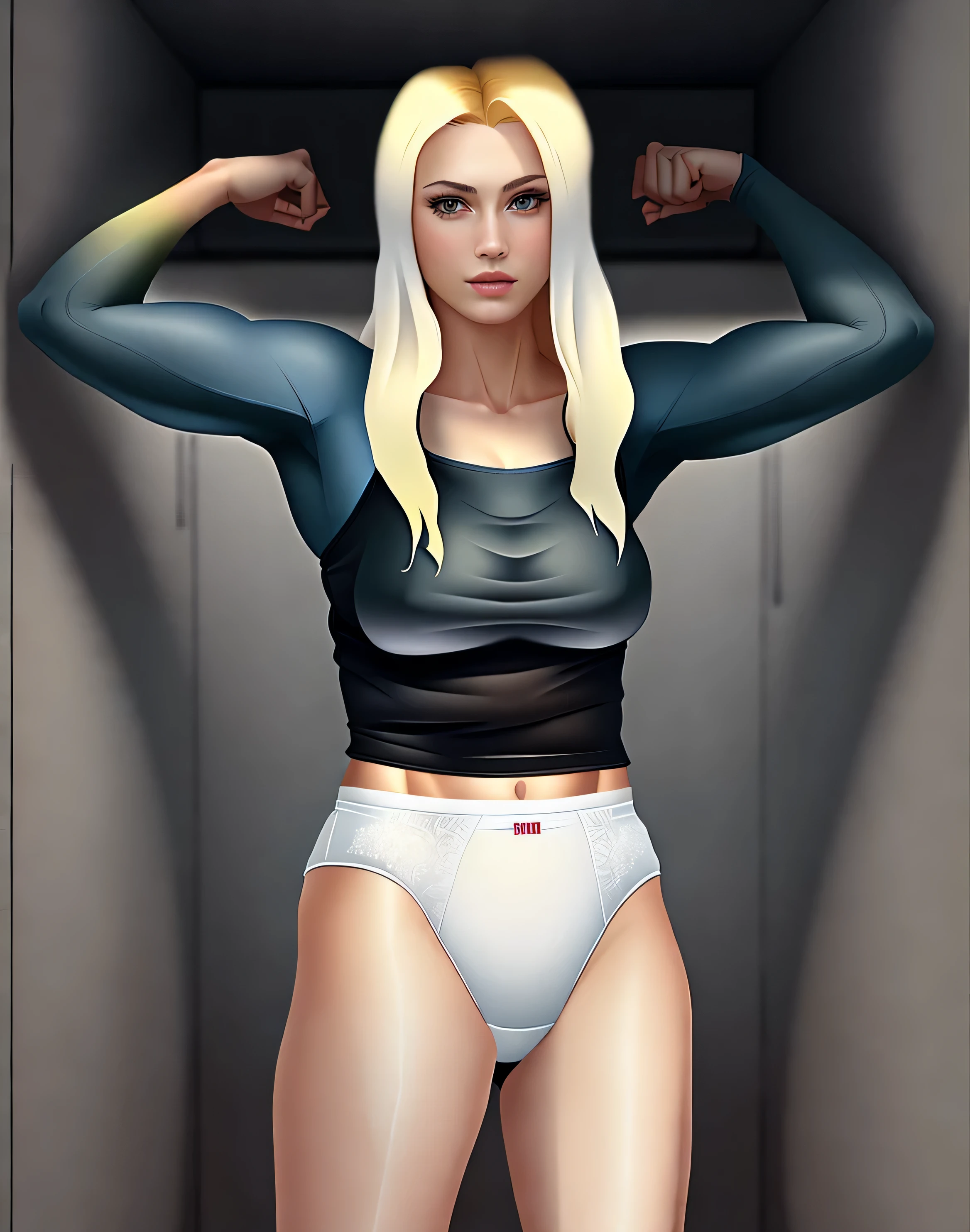 ((((masterpiece, best quality)))), ((35 year old)), (((Curvy))), ((Buff)) ((Norwegian woman with long blonde hair)), in ((white tanktop)), ((white high cut cotton panties)), ((Large Hips)), ((Standing in a cluttered locker room)), (((realistic art style)))