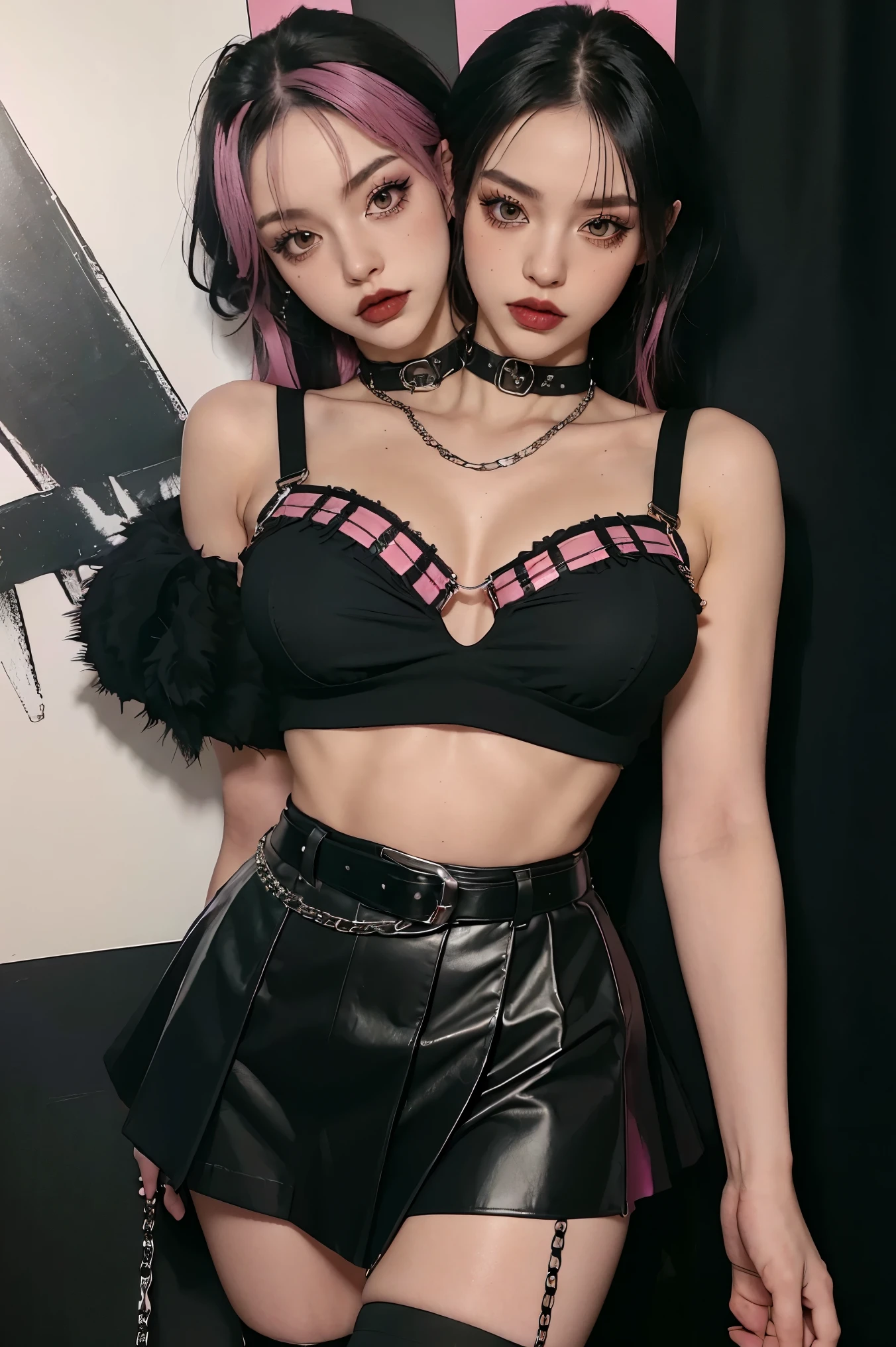 edgpskirt, punk skirt, best quality, masterpiece, illustration, (realistic, photo-realistic:1.37), amazing, finely detail, incredibly absurdres, huge filesize, ultra-detailed, highres, extremely detailed CG unity 8k wallpaper, ray tracing, nsfw, 1girl, young girl, large breasts,  A photorealistic image of a beautiful and rebellious punk girl with black hair randomly bleached pink posing in a studio. She wears an edgpskirt plaid mini skirt in black and pink with multiple brown leather belts as suspenders and a collar. Her top is a ripped black fishnet top showing off most of her midriff and underboob. She wears black suspender stockings. Her accessories include shiny silver chains crisscrossing her skirt and pink ribbons in her hair. Dramatic lighting with high contrast shows off her gorgeous punk make-up with bold black and pink eyeliner, dark eyeshadow and bright red lipstick. Every detail is ultra-realistic punk rocker style, conjoined_dicephalus, (two heads:1.2)