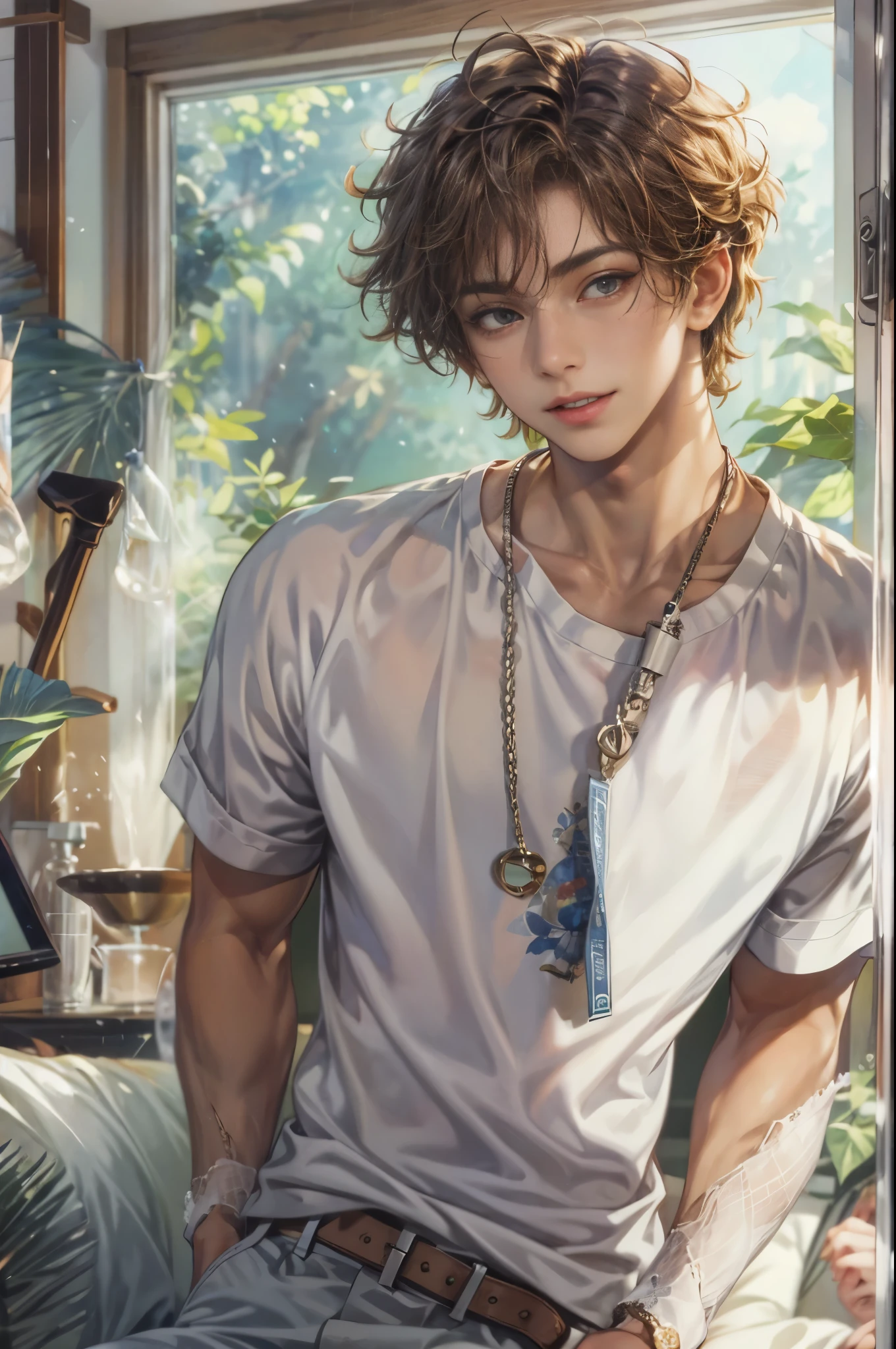 (masterpiece, best quality) character from highschool musical, handsome boy, anime face, with short hair, stylish clothes , modern home interior details