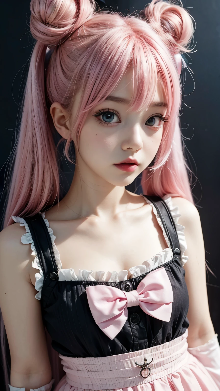 a close up of a doll with a pink hair and a black shirt, kawaii decora rainbowcore, belle delphine, decora inspired, cute kawaii girl, pink twintail hair and cyan eyes, creepy kawaii, girl cosplay, yami kawaii, barbie doll, kawaii manga style, very very kawaii, girl in real life, quality hd 4k 8k real, detailed face