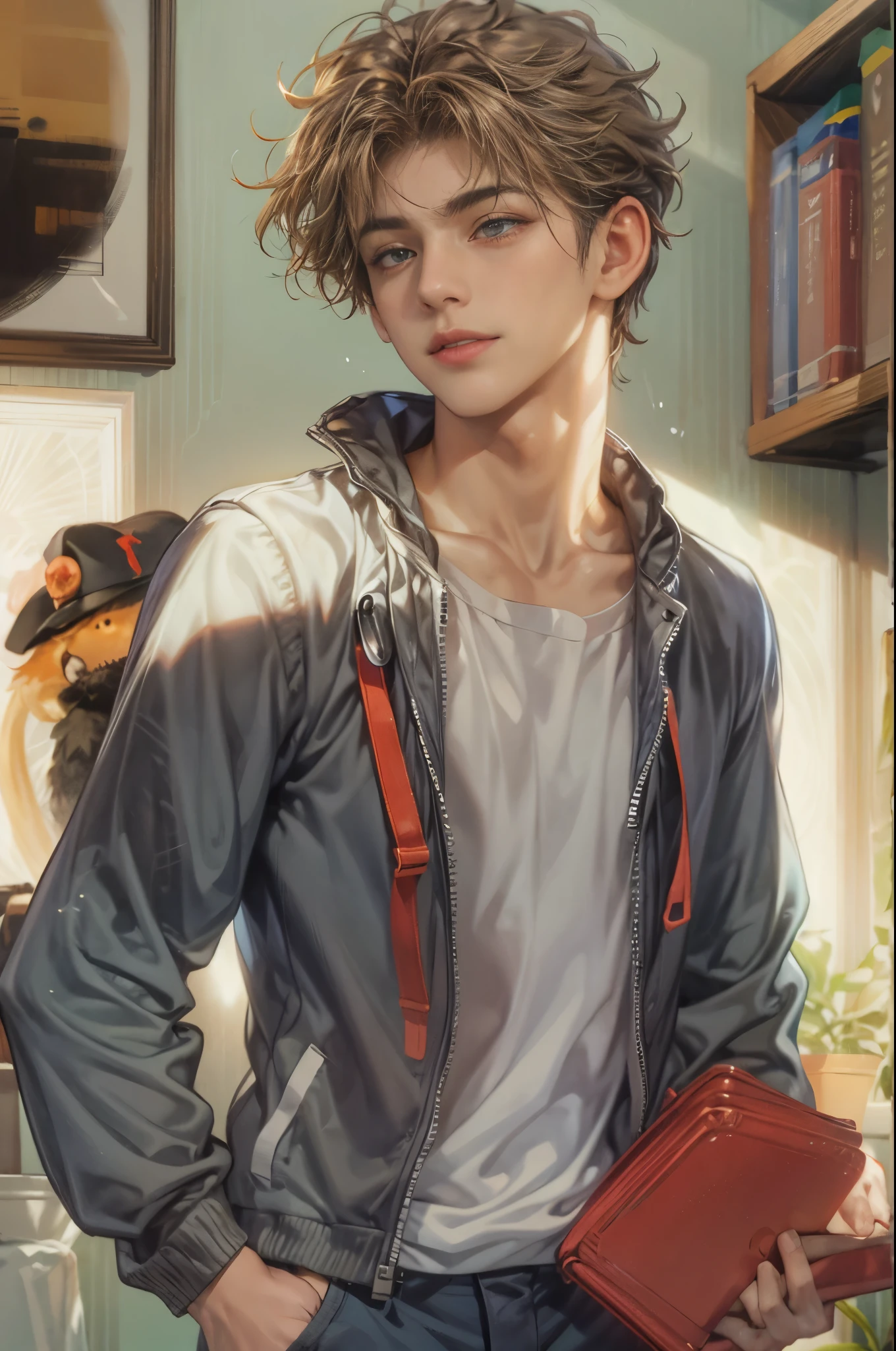 (masterpiece, best quality) character from highschool musical, handsome boy, anime face, with short hair, stylish clothes , modern home interior details