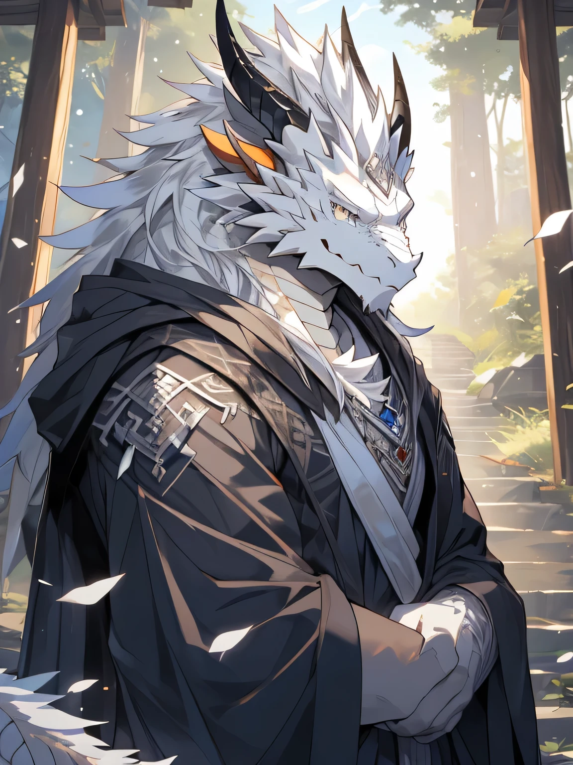 White Dragon Man:1.3, alone, vertical pupil,Eye, (elongated), Slim, (Eye anthro dragon):1.3, (The body has silvery white scales:1.4), white belly, (beast wild:1.4), There are silver scales all over the body , 细致的Eye, ((portrait)), , (细致的Eye, 蓝Eye, 明亮的Eye):1.1, Located in the woods of a small town, he is a mage,robe , The art of math, masterpiece, anime style，mane on neck:1.4，Silvery-white horns:1.2，rags:1.6，arm