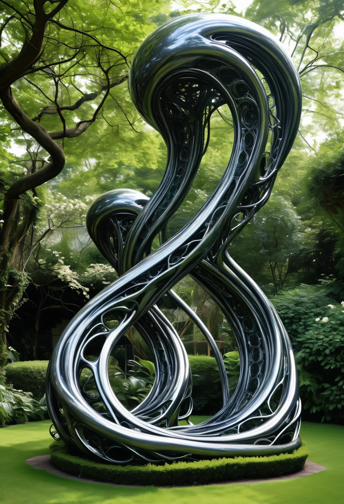 A surreal garden filled with pulsating quantum flowers, where fractal vines twist and turn around metallic sculptures that seem to defy the laws of physics style of HR Giger