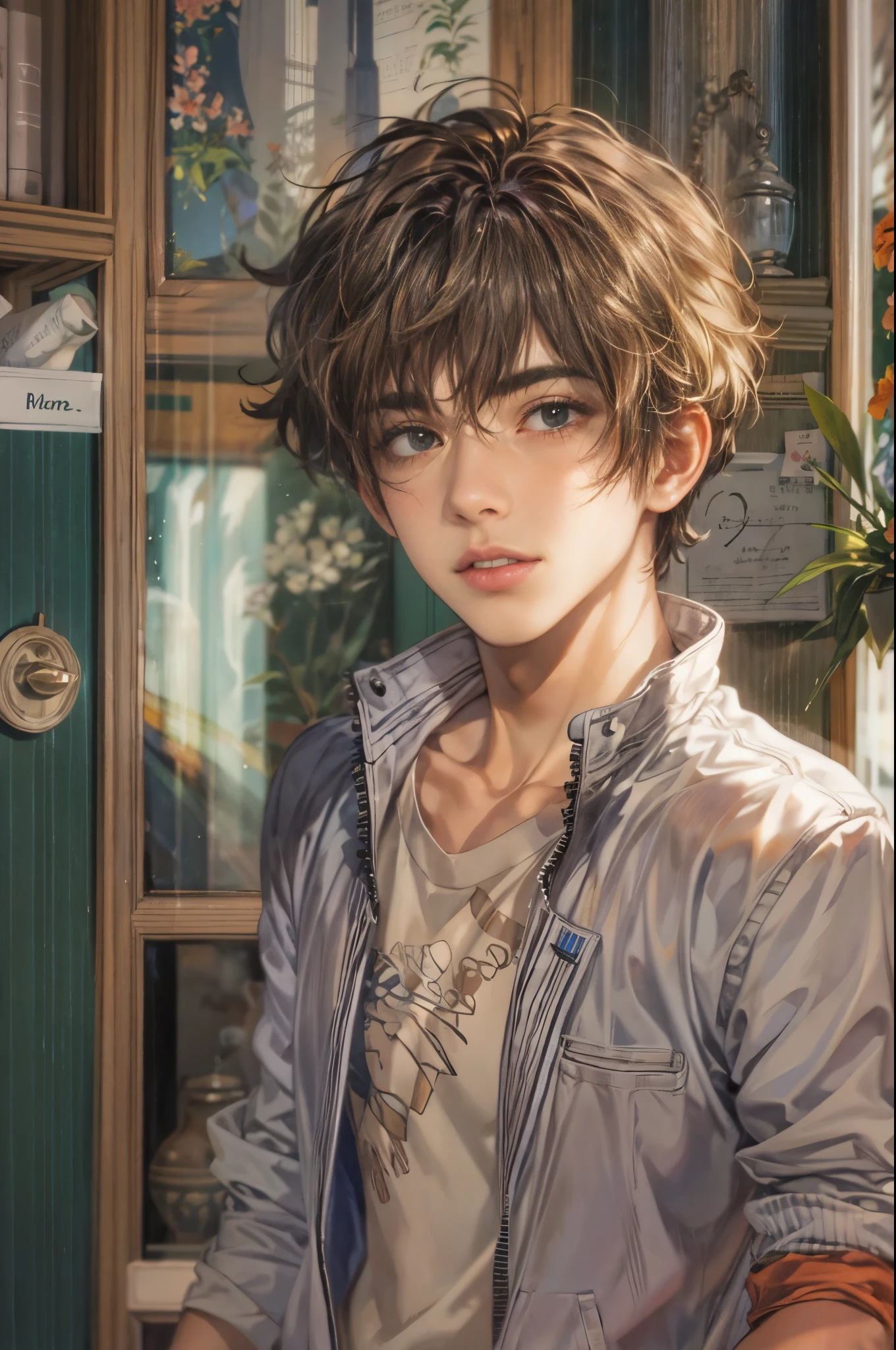 (masterpiece, best quality) character from highschool musical, handsome boy, anime face, with short hair, stylish clothes , modern home interior details