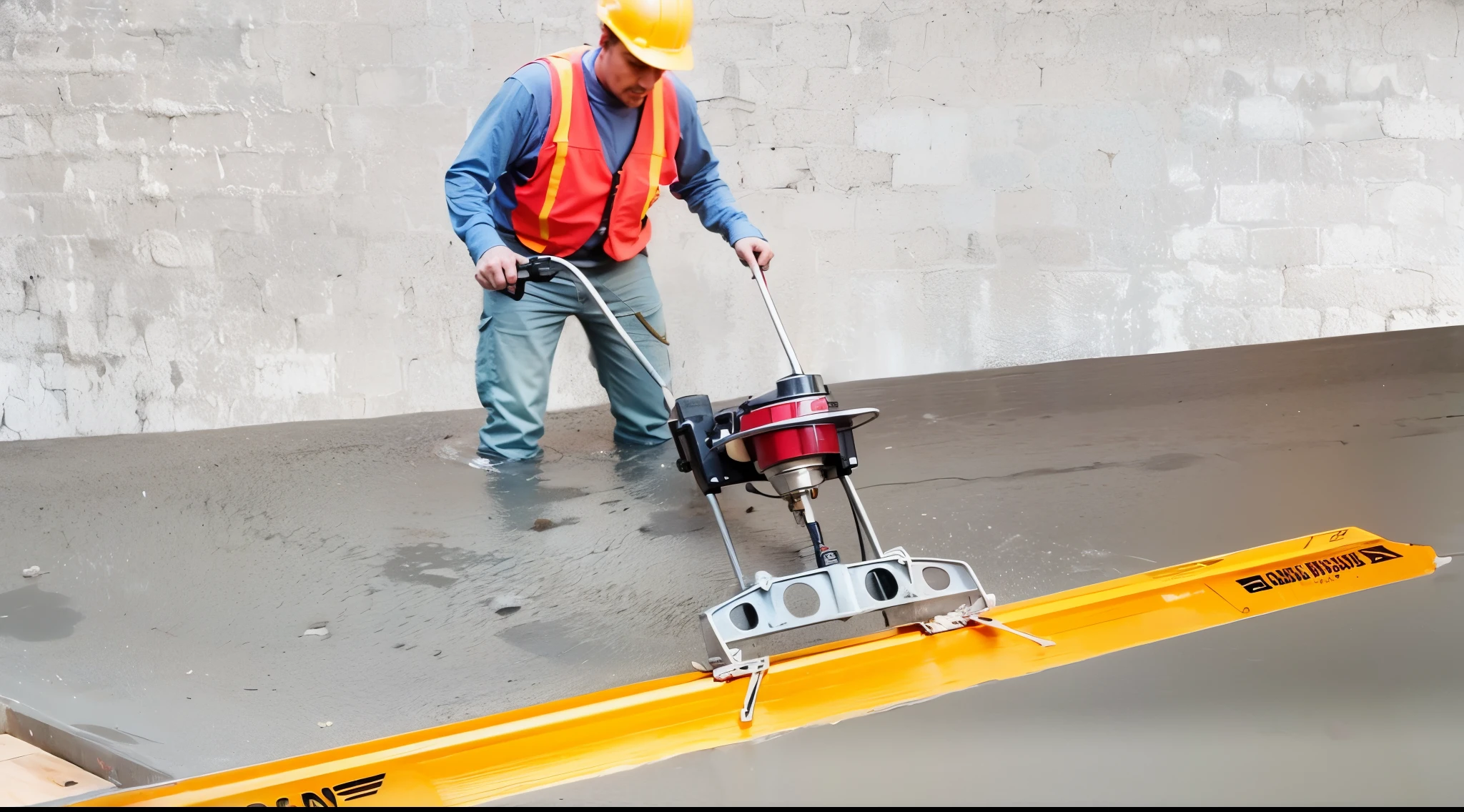 construction worker wearing construction suit using a Levelling & Screeding Machines to a cement on the ground, wet cement, closeup photograph, ground-breaking, cement, outstanding detail, illustration, 16k resolution, with expression, realistic image, hyper realistic image, same design