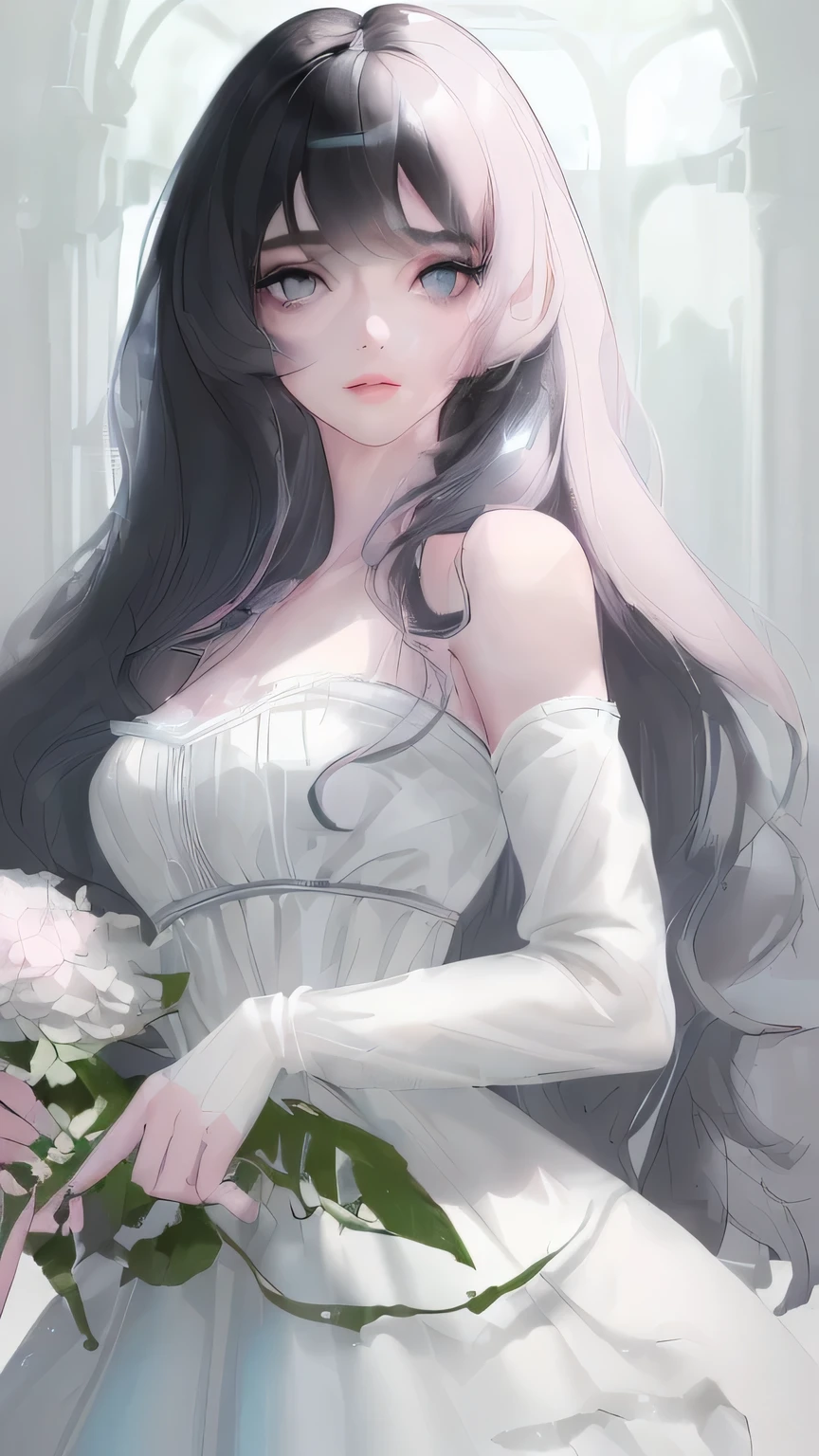 masterpiece:1.2, best quality), beauty 1 female, medium length wavy hair, Black hair, pastel light blue colored eyes, pretty face, fair skin, soft gaze, natural pink lips, looking at the viewer, plain white dress. enjoying the atmosphere, perfect face, perfect lip, beautifull princess.Charismatic. dark black Hair, beautifull face. 