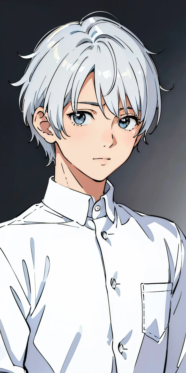 (best quality, highres, ultra-detailed, realistic:1.37), soft anime illustration, cute natural anime face, perfect silver-haired boy, portrait of a cute anime boy with a well-defined face, short silver hair, cute anime boy portrait in a line art style