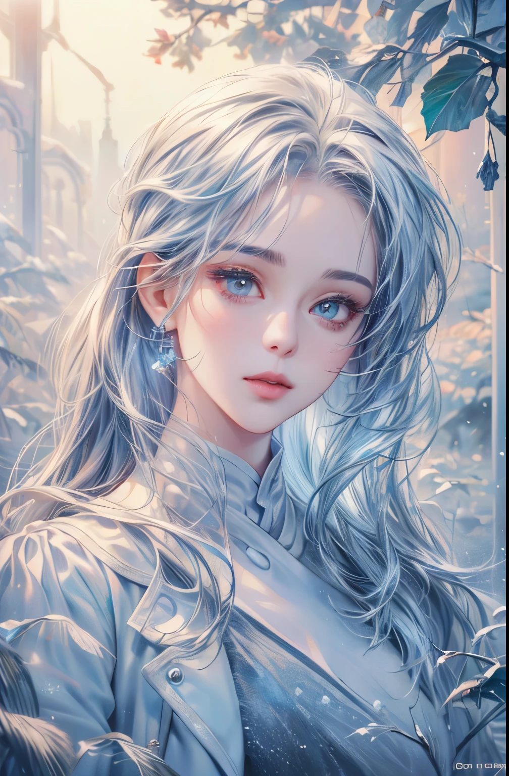(beautiful detailed eyes:1.1,beautiful detailed lips:1.1,extremely detailed eyes and face,longeyelashes),(oil painting,3D rendering),(winter garden,snow-covered trees),(best quality,highres),(icy/cold expression),(glowing hair,subtle highlights),vivid colors,studio lighting