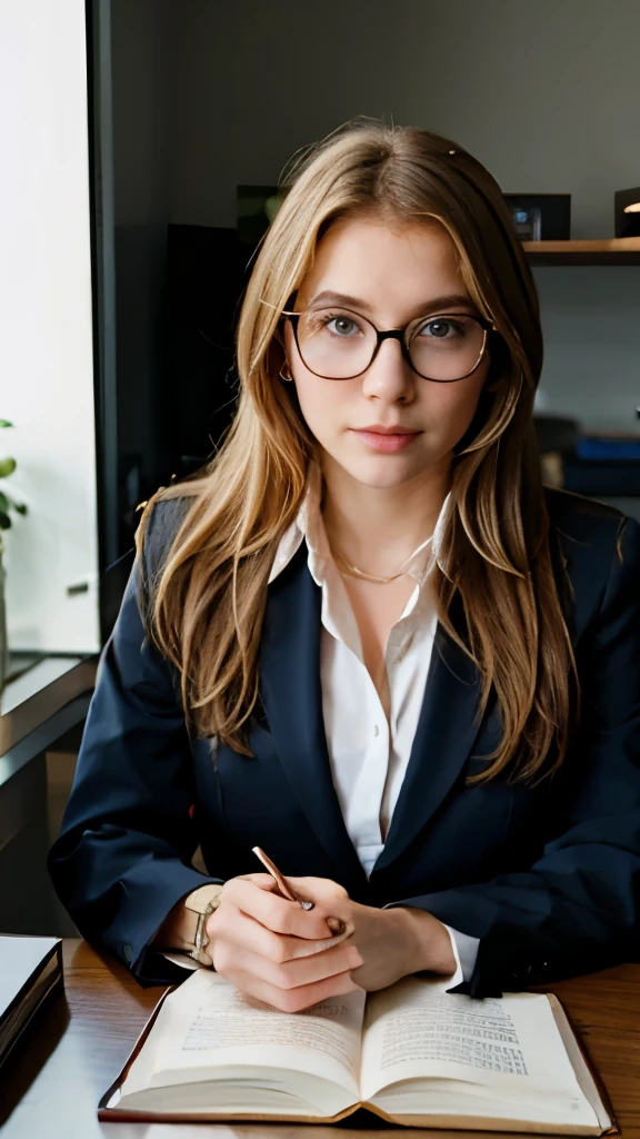 Blonde girl with glasses, in a business suit, nice woman