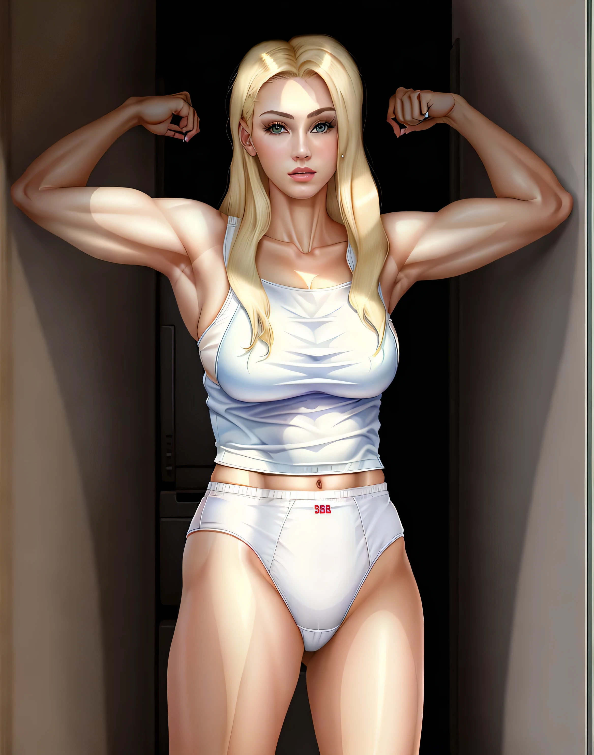 ((((masterpiece, best quality)))), ((35 year old)), (((Curvy))), ((Buff)) ((Norwegian woman with long blonde hair)), in ((white tanktop)), ((white high cut cotton panties)), ((Large Hips)), ((Standing in a cluttered locker room)), (((realistic art style)))