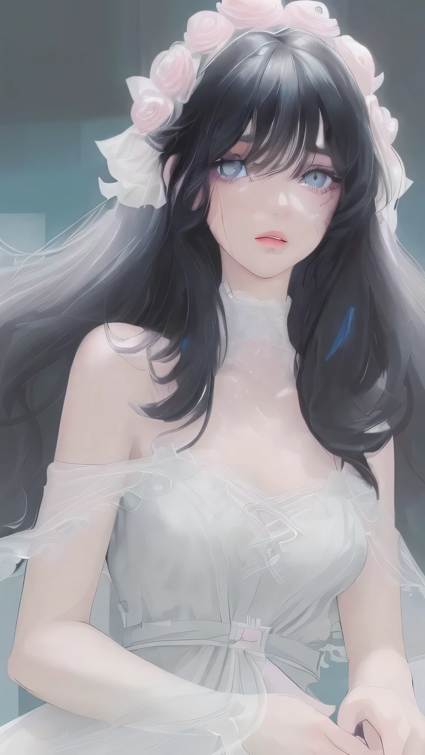 masterpiece:1.2, best quality), beauty 1 female, medium length wavy hair, Black hair, pastel light blue colored eyes, pretty face, fair skin, soft gaze, natural pink lips, looking at the viewer, plain white dress. enjoying the atmosphere, perfect face, perfect lip, beautifull princess.Charismatic. dark black hair