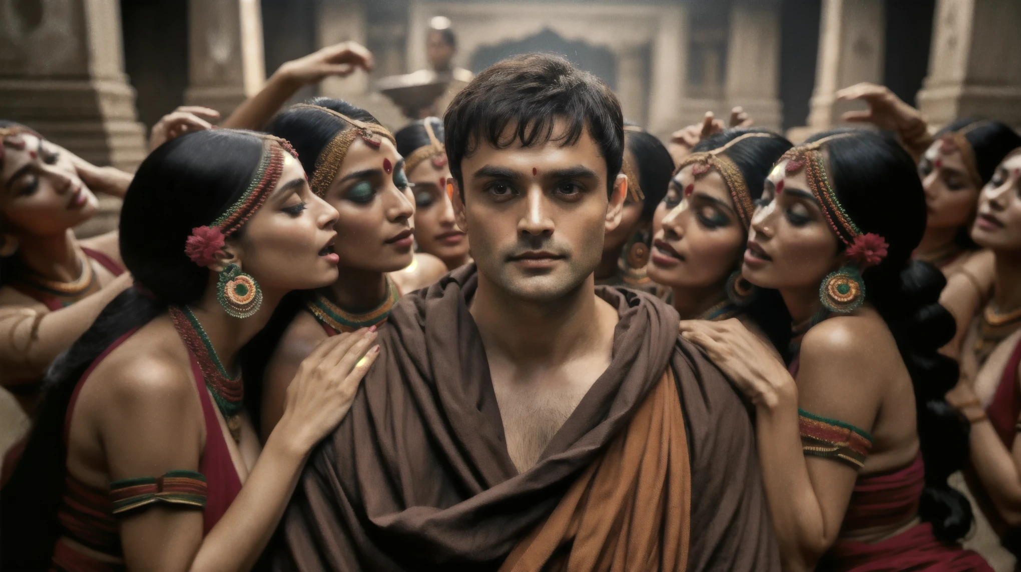 Around 40 group of women in a temple, 8K movie still, movie stills 8k, From a fantasy movie, film Still from the movie, Inspired by Kailash Chandra Meher, India, Still from the movie, 受賞歴のあるmovie stills, movie stills, the movie isn't over yet, 4k movie still, 4k movie still