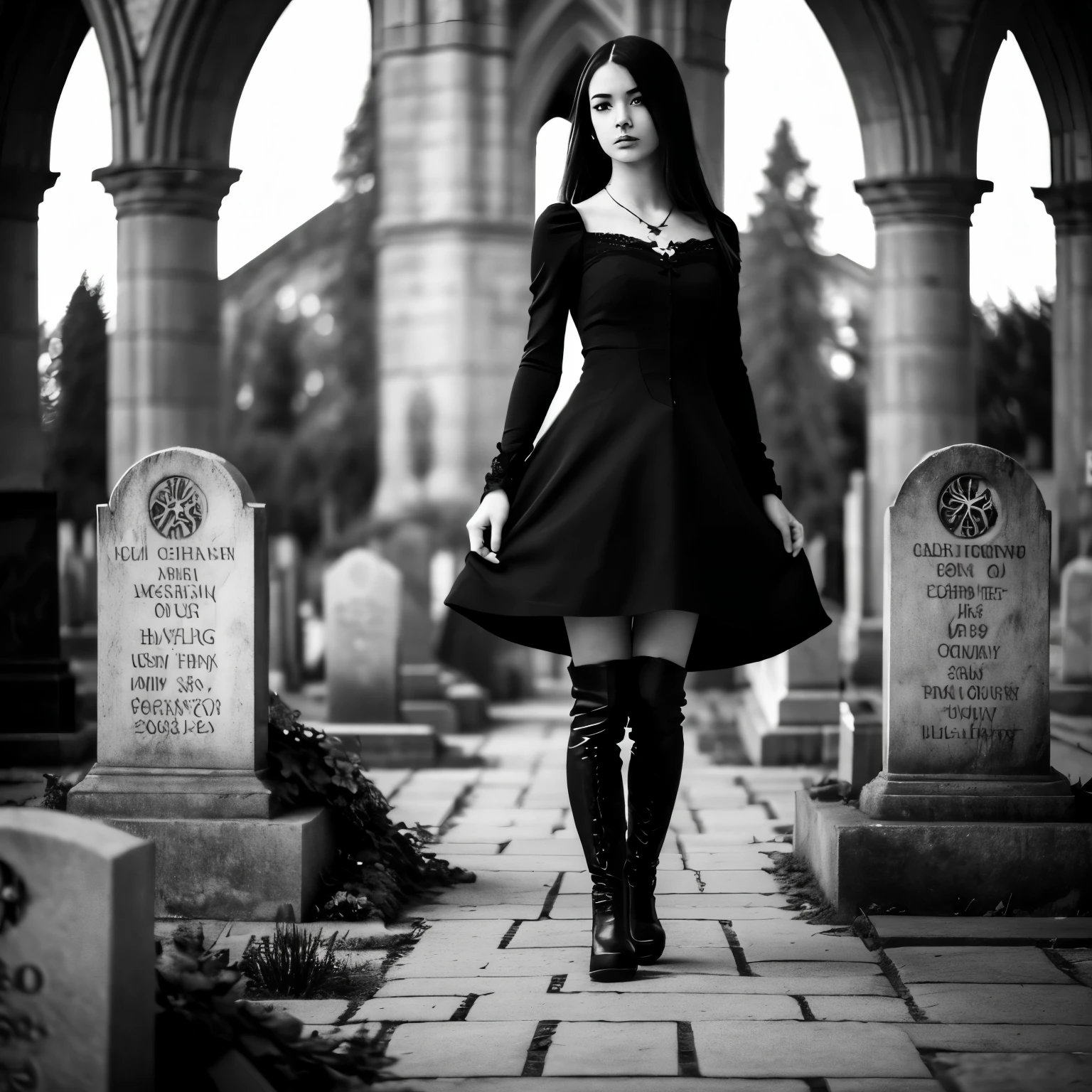 (best quality, highres, realistic:1.2), black and white, gothic girl, tattoos, cemetery setting, cathedral, flowers, grave, high dynamic contrast, slight bokeh, knee high boots, black dress, low camera angle