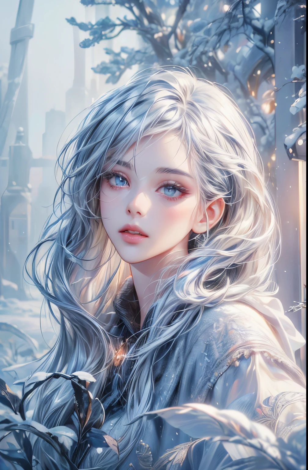 (beautiful detailed eyes:1.1,beautiful detailed lips:1.1,extremely detailed eyes and face,longeyelashes),(oil painting,3D rendering),(winter garden,snow-covered trees),(best quality,highres),(icy/cold expression),(glowing hair,subtle highlights),vivid colors,studio lighting