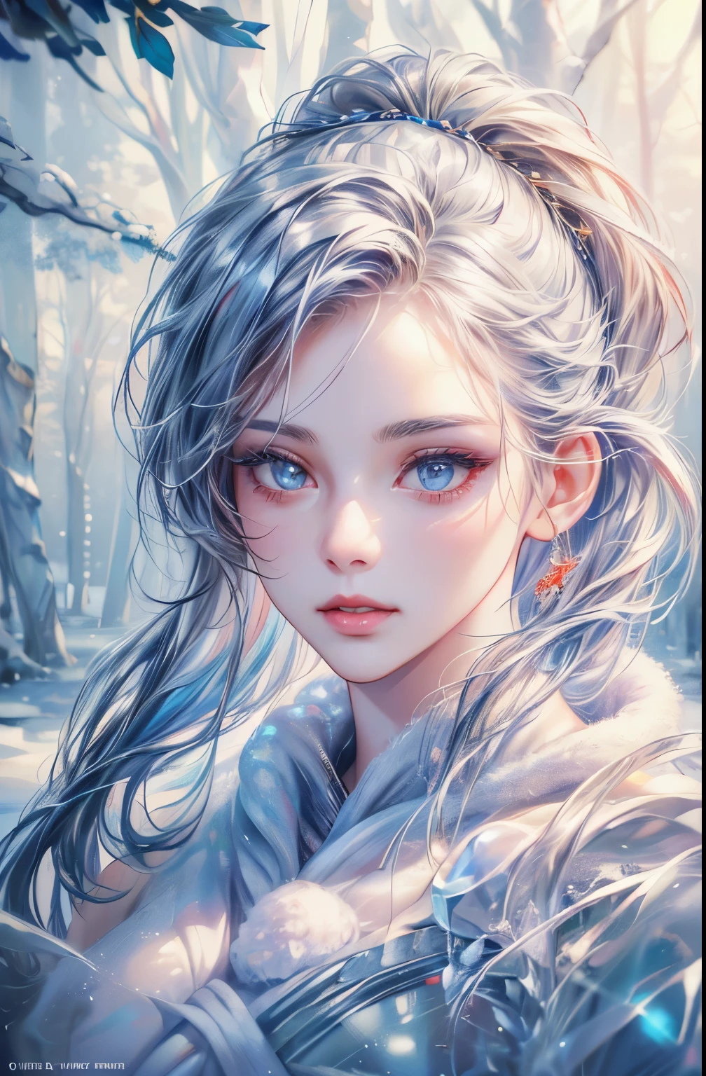 (beautiful detailed eyes:1.1,beautiful detailed lips:1.1,extremely detailed eyes and face,longeyelashes),(oil painting,3D rendering),(winter garden,snow-covered trees),(best quality,highres),(icy/cold expression),(glowing hair,subtle highlights),vivid colors,studio lighting