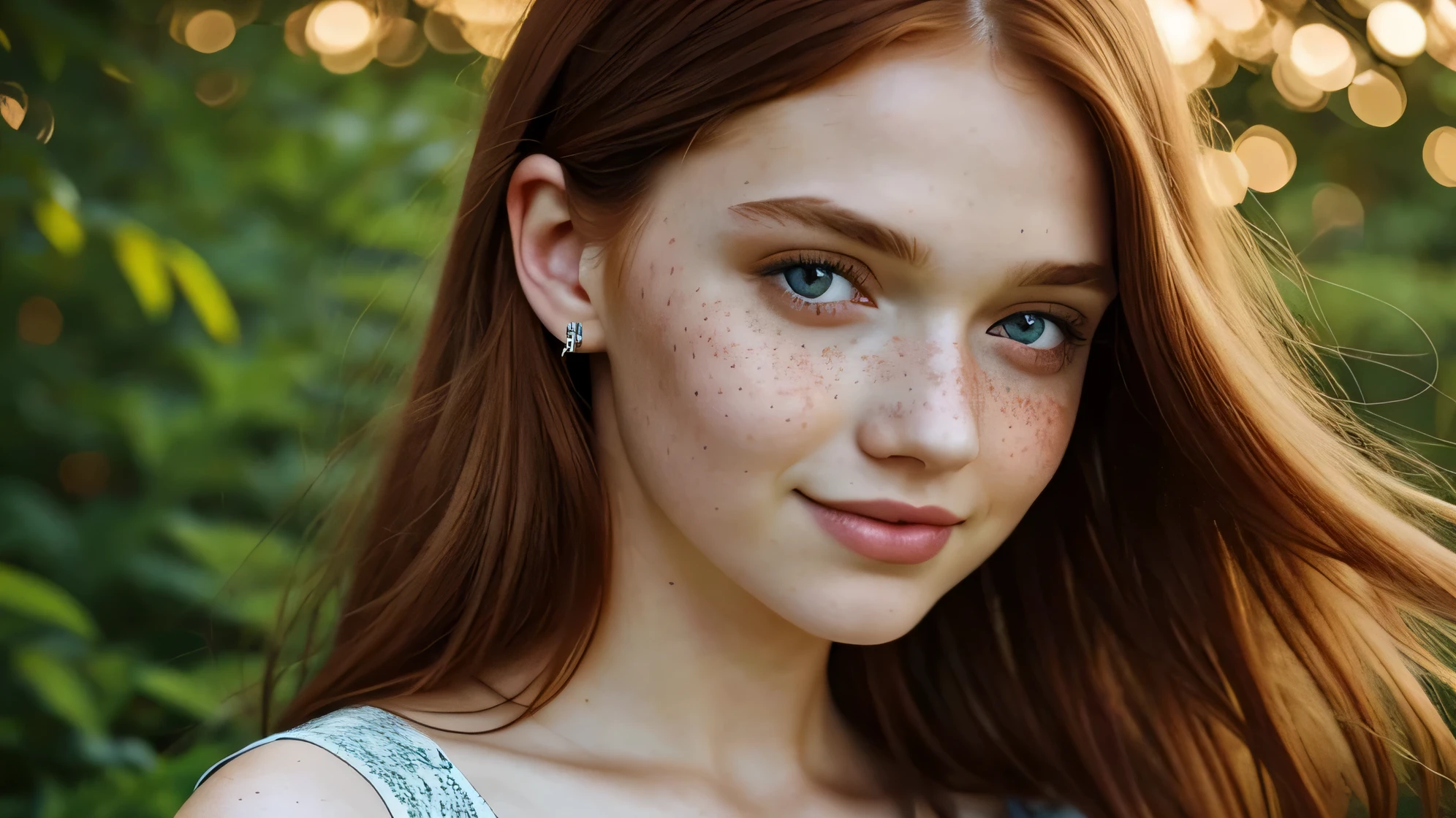 Full length portrait of a young redhead girl with a shy and innocent demeanor., bluish eyes, and a sensual slender face, large lips curl into a shy smile. Her hair, smooth and straight, elegantly frames the face, charmingly long and illuminated by soft light, highlighting its copper shade. The girl's eyes sparkle with a hint of curiosity., their bluish tint gave a charming touch to her delicate features..
The girl wears loose, flowy top, revealing part of her belly, pair of BIG shorts, and beautifully exposed freckles, scattered over her shoulders and arms. The background embraces serenity