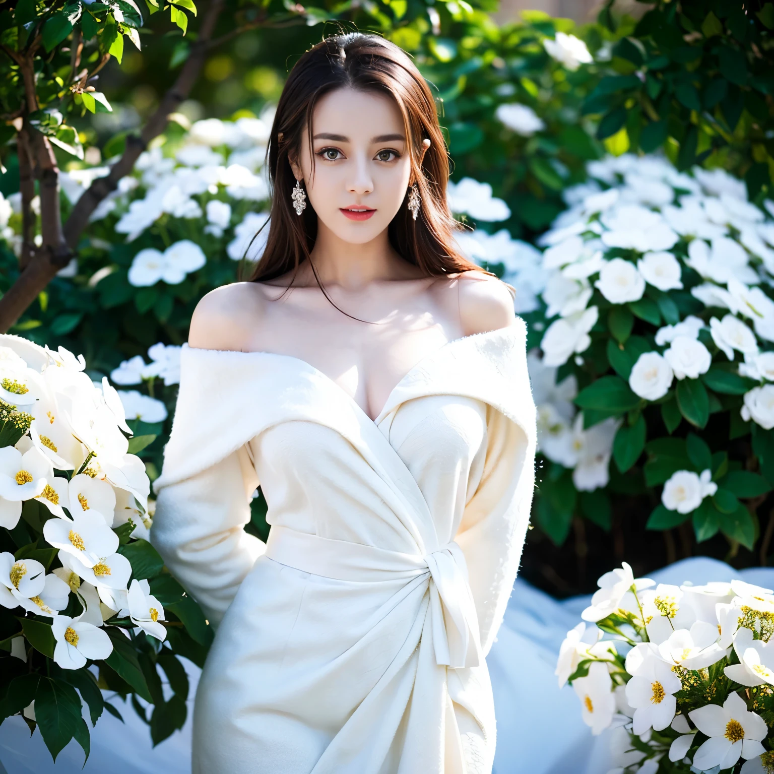 ((top quality、8k、​Masterpiece:1.3))、Extremely delicate and beautiful girl，full-body shot，huge breasts，bigger breasts，amazing breast size，G cup。Wear big earrings，Very white skin，moist red lips，Waist is very thin，Thighs are very thin，big butt，fair and smooth skin，Smooth and fair skin，flawless skin，Fair and shiny skin，cold white skin，The camera focuses on the chest，Bright light，Loose white sweater，Lower body exposed，bare shoulders，white hair，hair is white，Snow covers the ground，snow mountain，sunset，There is a tree full of white flowers on the upper right