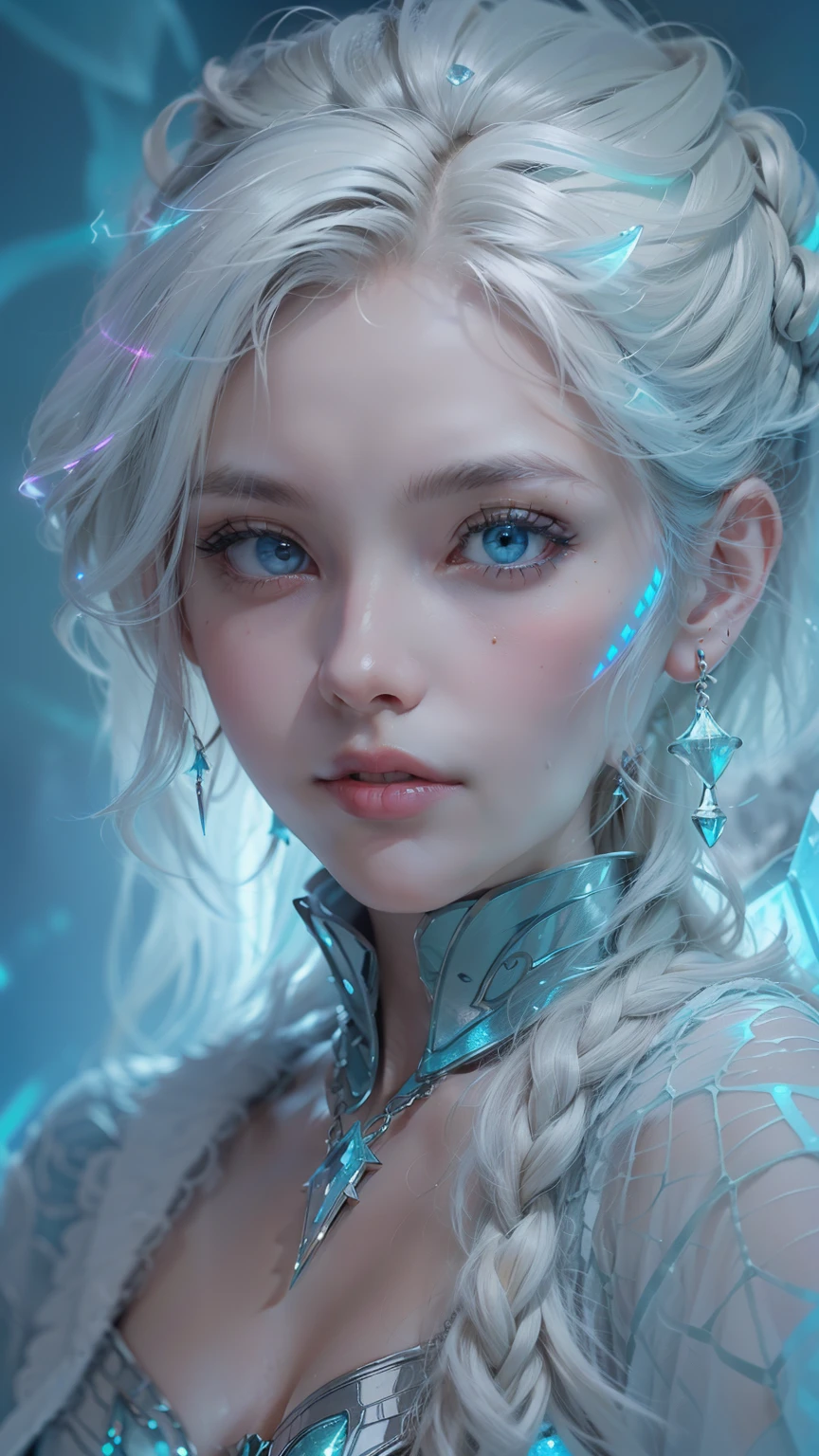 (Award-winning masterpiece, Very detailed, Texture and maximum detail), (hyper actual:1.4), (actual:1.3), (Upper body close-up:0.4), (top quality actual textured skin), (Thick, perfectly round, symmetrical eyes), delicate face, ((medieval world)), (full body portrait:1.5), ((Ice Lord)), ((Ice Lord Arctic Devil)), (full body view:1.5), (Her eyes are bright and cold), (She has a naughty smile on her face), (Eyes glow blue in the dark:1.5), (ice blue eyes,There is a strong blue light inside(full body standing figure:1.5), (bioluminescence, (Rotating ice and strong wind in the background), (dramatic light), (The scene is majestic), (Her expression is gentle and beautiful, But a little scary), glass earrings on her ears, (dramatic photos:1.4), ((dramatic pose)), (Gorgeous photos), (blond hair)(blue hair), (silver hair), (chestnut hair), ((look up)), ((look down)), (A simple, elaborate necklace hangs around her neck), (绚丽的bioluminescence:1.3), (Gorgeous ice magic: 1.2), (Snow and ice), Satanic great temple, Satanic great temple, great temple, cathedral, temple ruins, temple away from temple, (Glowing magic array: 1.5), Ancient Castle Site, Glowing majestic clouds and sky, lightning, epic actual, (Glowing magic array: 1.5), Ancient Castle Site, Glowing majestic clouds and sky, lightning, epic actualFaded, Art, (Greg Rutkoski:0.8), (cyan and orange:0.4), (Art Station:1.5), ish, ((midtones)), (high dynamic range:1.5), (pastel colors:1.2), Very detailed, dramatic light, (intricate details:1.1), complex background