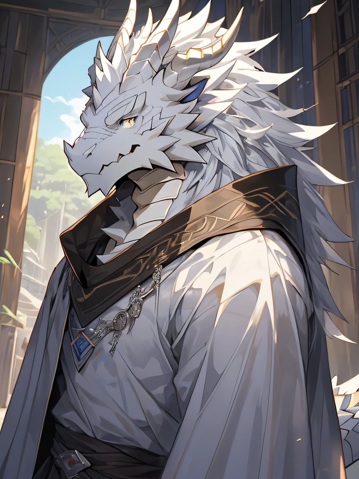 White Dragon Man:1.3, alone, vertical pupil,Eye, (elongated), Slim, (Eye anthro dragon):1.3, (The body has silvery white scales:1.4), white belly, (beast wild:1.4), There are silver scales all over the body , 细致的Eye, ((portrait)), , (细致的Eye, 蓝Eye, 明亮的Eye):1.1, he is a mage,robe , The art of math, masterpiece, anime style,mane on neck:1.4,Silvery-white horns:1.2,rags:1.6,Holding the sword to support the body:1.5