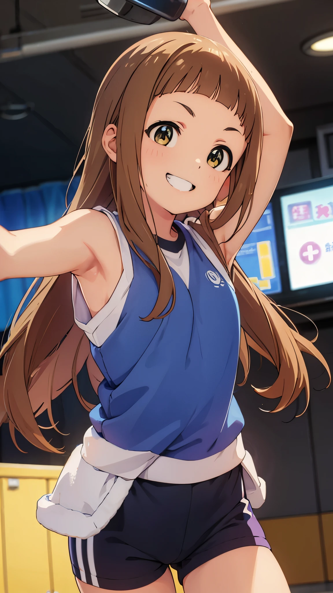 (perfectly balanced anatomy), A girl in gym clothes whose armpits smell bad。looking at armpit。An angle that looks like you&#39;re looking up from below.。very cute round face。Bangs that sit above brows, nina ichihara, smile, 