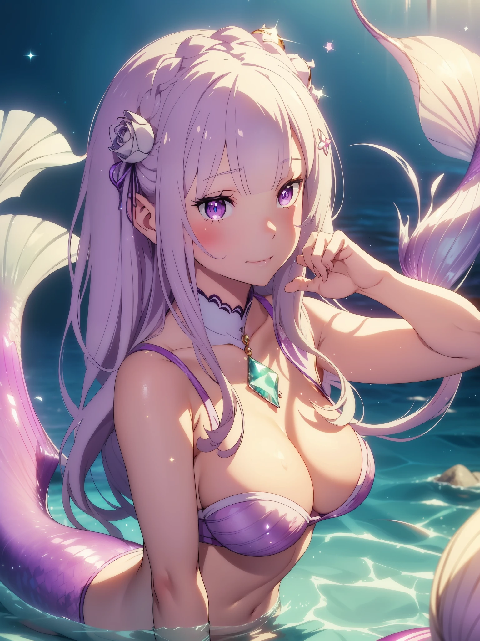 masutepiece, High resolution, 8K, anime woman, Delicate and detailed writing 、Detailed digital illustration、a very beautiful woman、Emilia re:zero, purple eyes, Emilia, crown braid, x hair ornament, flower hair ornament, white hair, very long hair, medium breasts, Eyes are double, Large、High image quality, High quality、Detailed background、The inside of the eye shines like a diamond、Light purple hair、Gradient pupil、(((2 arms、4 fingers, 1 thumb)))、Detailed female face、Very beautiful and cute woman、、Detailed background、​masterpiece、Soft Focus , Bright gradient watercolor , Lens Flare , (((Glitter))) , Glow , Dreamy , Light Purple Ribbon、(((Very Beautiful Light Purple Rose Hair Accessories)))、Big smile、(((mermaids)))、(((Little Mermaid)))、underwater background、Splash、Filled with fish in the water、(((White Seashell Bikini)))