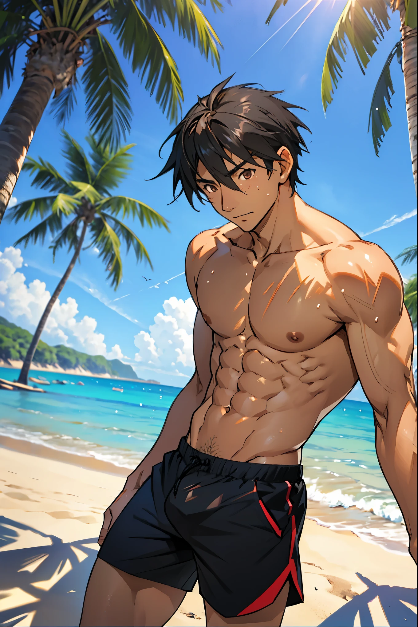 ichika_orimura, black hair, brown eyes, best quality, masterpiece, shirtless, chest exposed, center shot, skinny, swimming shorts, large bulge, beach on a sunny day, sunlight hitting skin, abs, high quality,