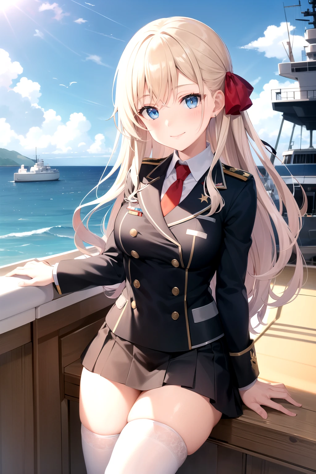 highest quality, masterpiece, be familiar with,
Wilhelmina Friedeburg,
1 girl, closed mouth, smile,
blonde hair, blue eyes, long hair, side blade, hair ribbon,underwear, red tie, white stockings,
Are standing, looking at the viewer,
Ocean, (Boat, military vehicle:1.2)