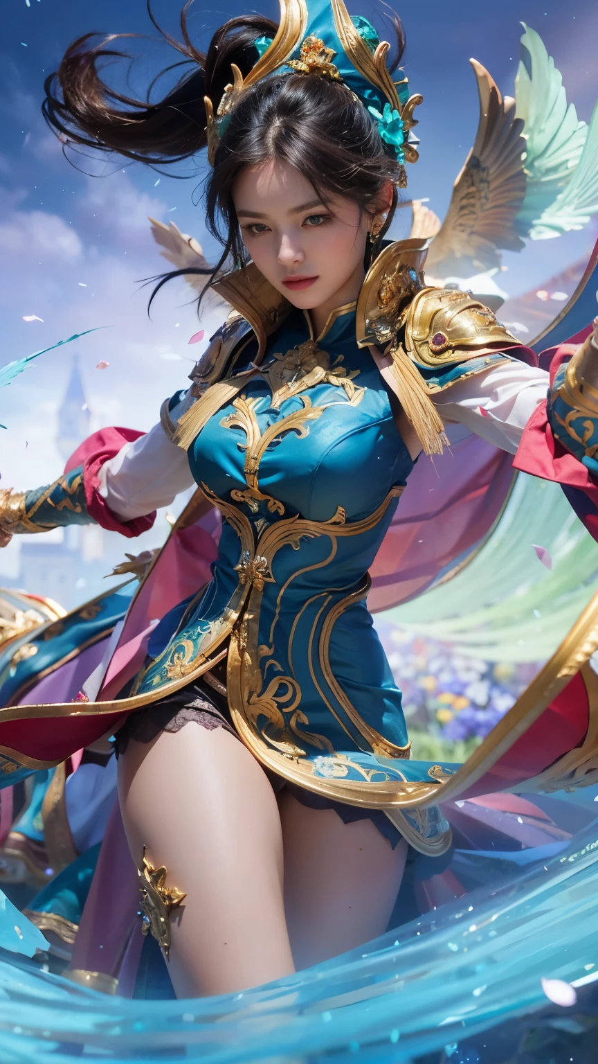 (best quality,ultra-detailed,realistic:1.37),(HDR,UHD,professional),(vivid colors,sharp focus),(physically-based rendering),(bokeh,studio lighting), a girl in a blue dress and gold armor, artgerm style, with long black hair and mesmerizing brown eyes, standing in a lush garden. The girl is the center of attention, exuding both elegance and strength. Her blue dress is made of flowing silk, shimmering under the sunlight. The gold armor, intricately designed with elaborate engravings, adds an aura of regality to her presence, Surrounded by vibrant flowers of various colors, the girl stands tall and confident, with her chin slightly lifted. The garden is filled with an abundance of blooming roses, their petals gently swaying in the breeze. A symphony of colors creates a harmonious and enchanting atmosphere, As the sunlight filters through the leaves of the surrounding trees, it casts a warm and soft glow on the girl's face. The rays of light accentuate her delicate features and bring out the sparkle in her eyes. The garden is bathed in a dream-like ambiance, with a touch of ethereal beauty.

The level of detail in the artwork is extraordinary, capturing every intricate aspect of the girl, from the delicate frills on her dress to the ornate patterns on the armor. Each brushstroke and fine line work together to create a masterpiece that is both realistic and visually captivating, The color palette chosen for this artwork is vibrant and rich. The blues of the dress and the greens of the garden create a visually striking contrast, while the gold accents of the armor add a touch of elegance and luxury. The colors come alive on the canvas, evoking feelings of joy and enchantment, The lighting in the scene is meticulously crafted to highlight the girl's beauty. Soft, warm tones create a gentle glow that wraps around her figure, enhancing her presence in the composition. The interplay of light and shadow adds depth and dimension to the artwork, creating a lifelike feel, smile