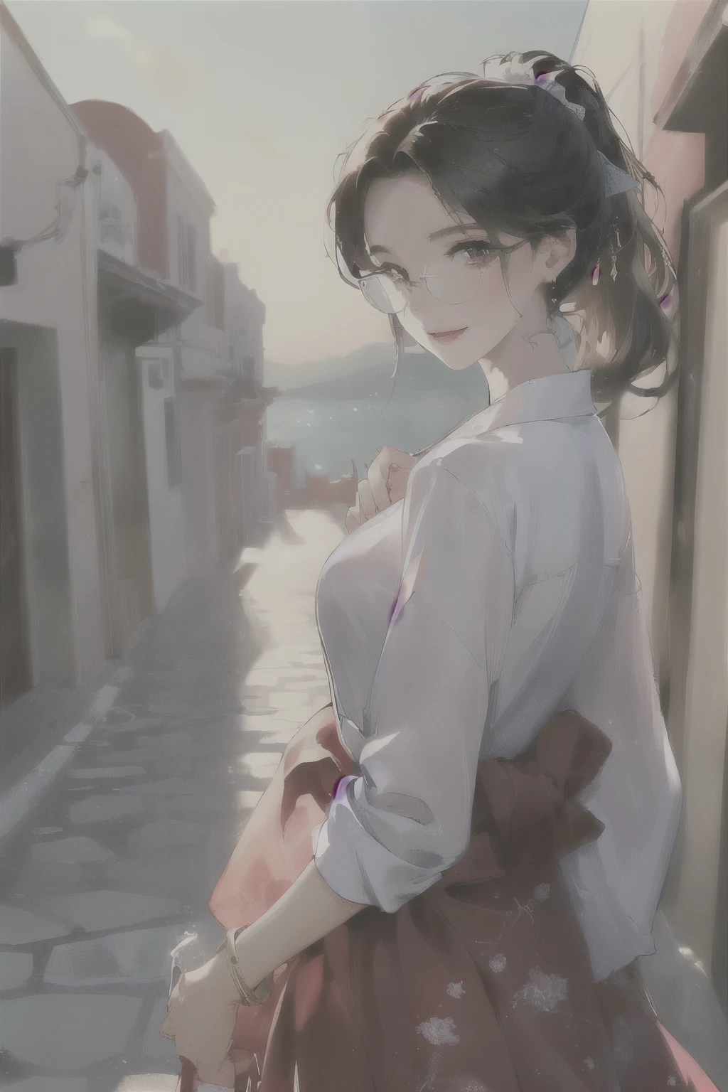((wide angle)) Beautiful female tourist, black hair tied in a ponytail, bangs, wearing large glasses, smiling at the corners of the mouth, ((wearing a preppy style outfit)) morning light, Santorini, Greece