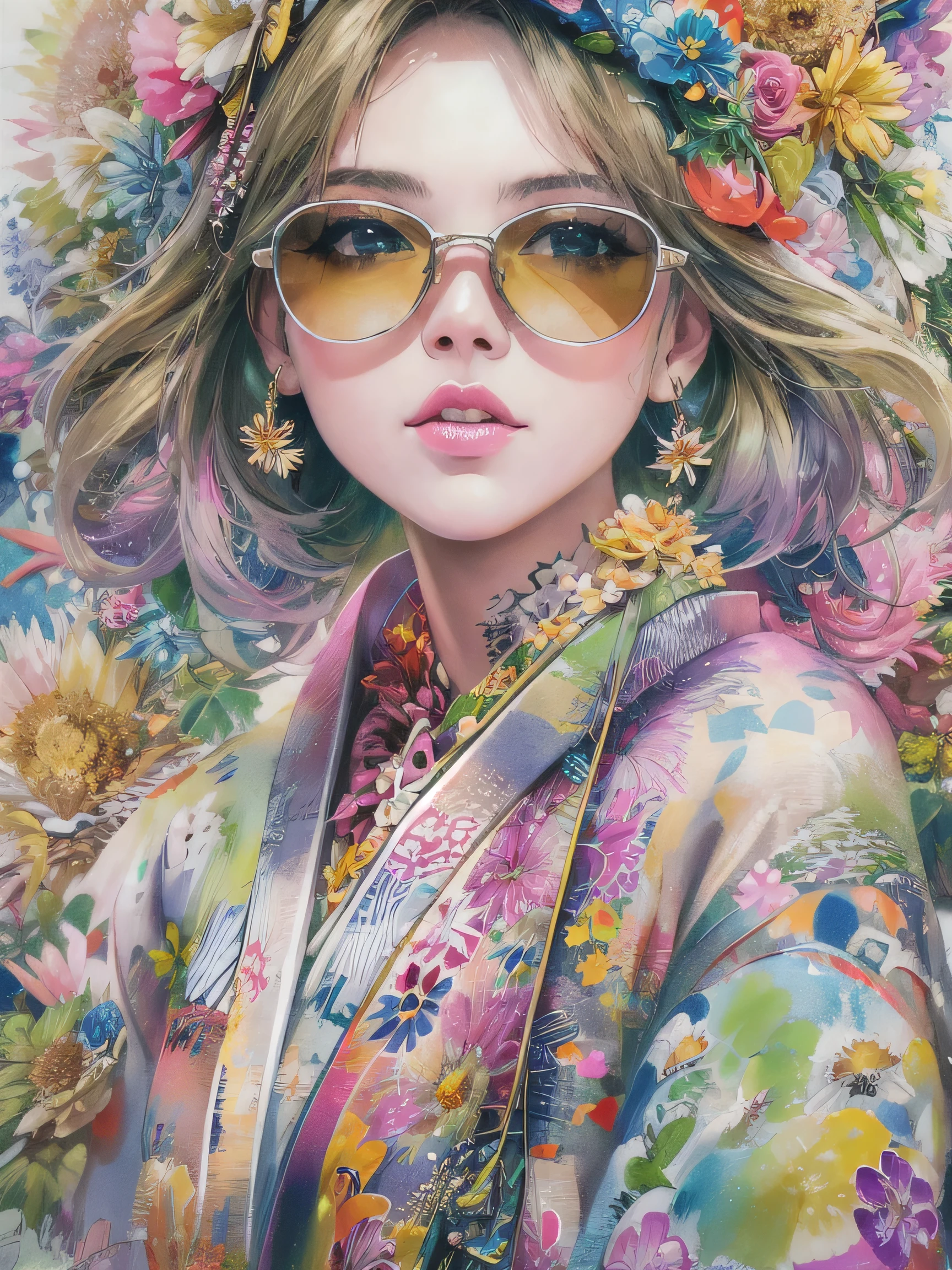 8K quality, watercolor painting, stylish design, (((The strongest beautiful girl of all time))), (((Japanese)))、Idol、clear, Stylish sunglasses, Fashionable hats, (((highest quality))), bob hair, HDR, ((Detailed details)), stylish fashion, detailed clothing texture, (((graffiti art))), colorful hair, ((masterpiece))、((Super detailed))、(((colorful flowers)))