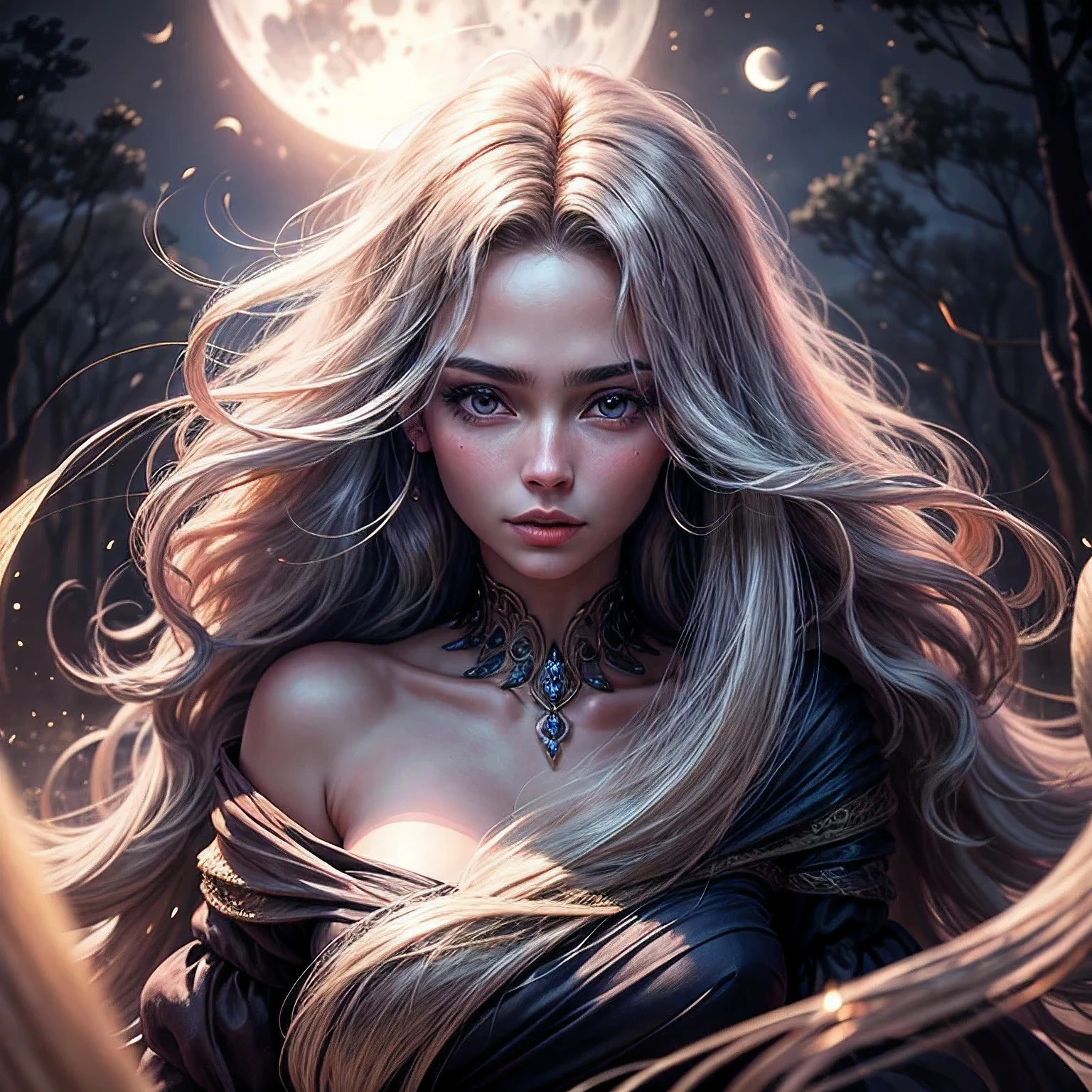 1 Gorgeous woman with cascading long hair, Realistic depiction with stunning clarity in 8k resolution, High-definition photography capturing every nuance, Professional-grade portrait, Cinematic lighting to enhance her allure, (mesmerizing:1.5), Intricate details, (elegant:1.2), Flowing tresses framing her face in an ethereal glow, (lustrous locks shimmering under the moonlight:1.4), Outdoor scene, Enchanted forest setting, (Exquisite Quality:1.4), meticulous craftsmanship, upper body focus