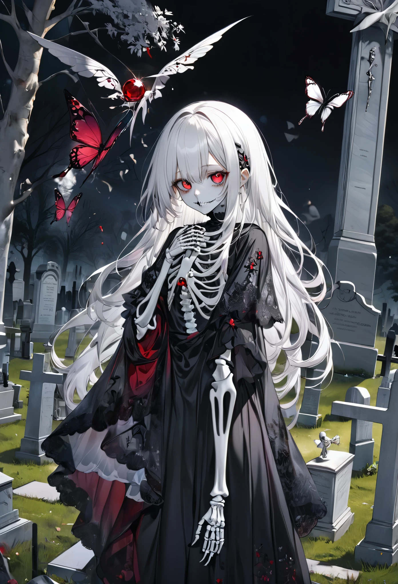 masterpiece, best quality,high quality,White，silver hair，red pupils，Dark magic，In the cemetery，black butterfly，skeleton