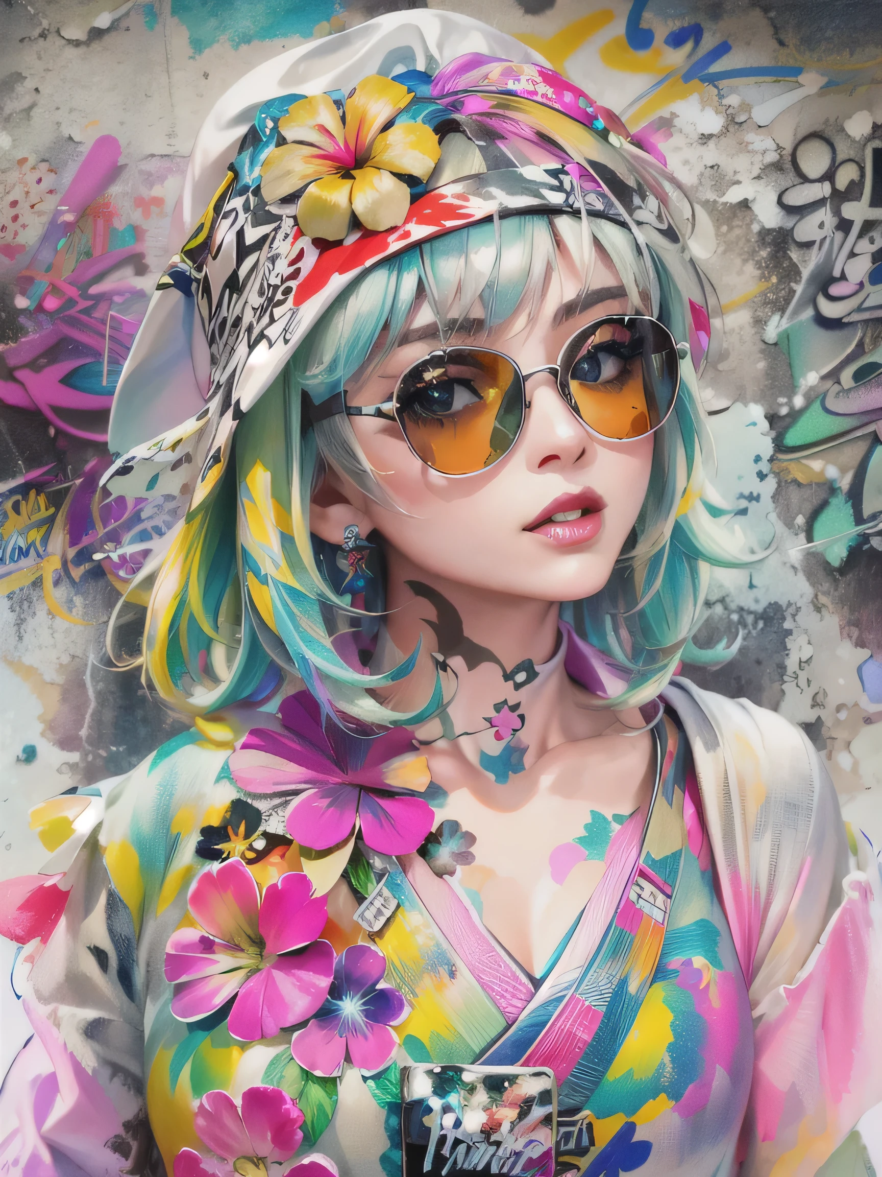 8K quality, watercolor painting, stylish design, (((The strongest beautiful girl of all time))), (((Japanese)))、Idol、clear, Stylish sunglasses, Fashionable hats, (((highest quality))), bob hair, lips in love, HDR, ((Detailed details)), stylish fashion, detailed clothing texture, (((graffiti art))), colorful hair, ((masterpiece))、((Super detailed))、(((colorful flowers)))、