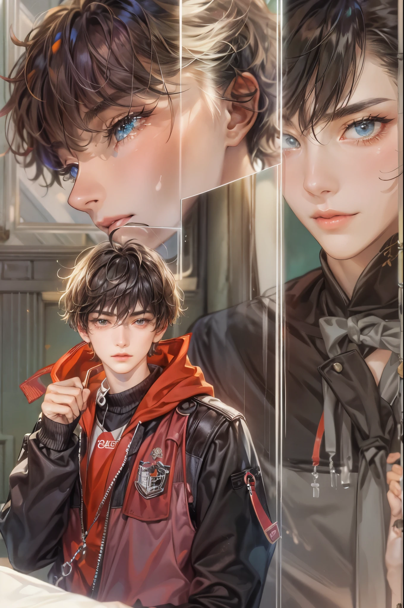 Anime boy with blue eyes and a red jacket - SeaArt AI