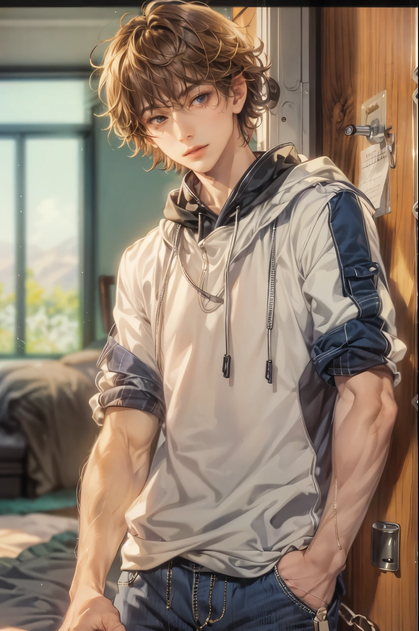 (masterpiece, best quality) character from highschool musical, handsome boy, anime face, with short hair, stylish clothes , modern home interior details