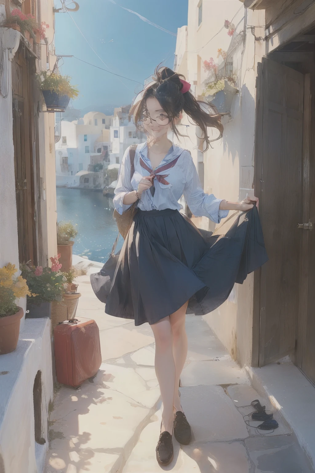 ((wide angle)) Beautiful female tourist, black hair tied in a ponytail, bangs, wearing large glasses, smiling at the corners of the mouth, ((wearing a preppy style outfit)) morning light, Santorini, Greece