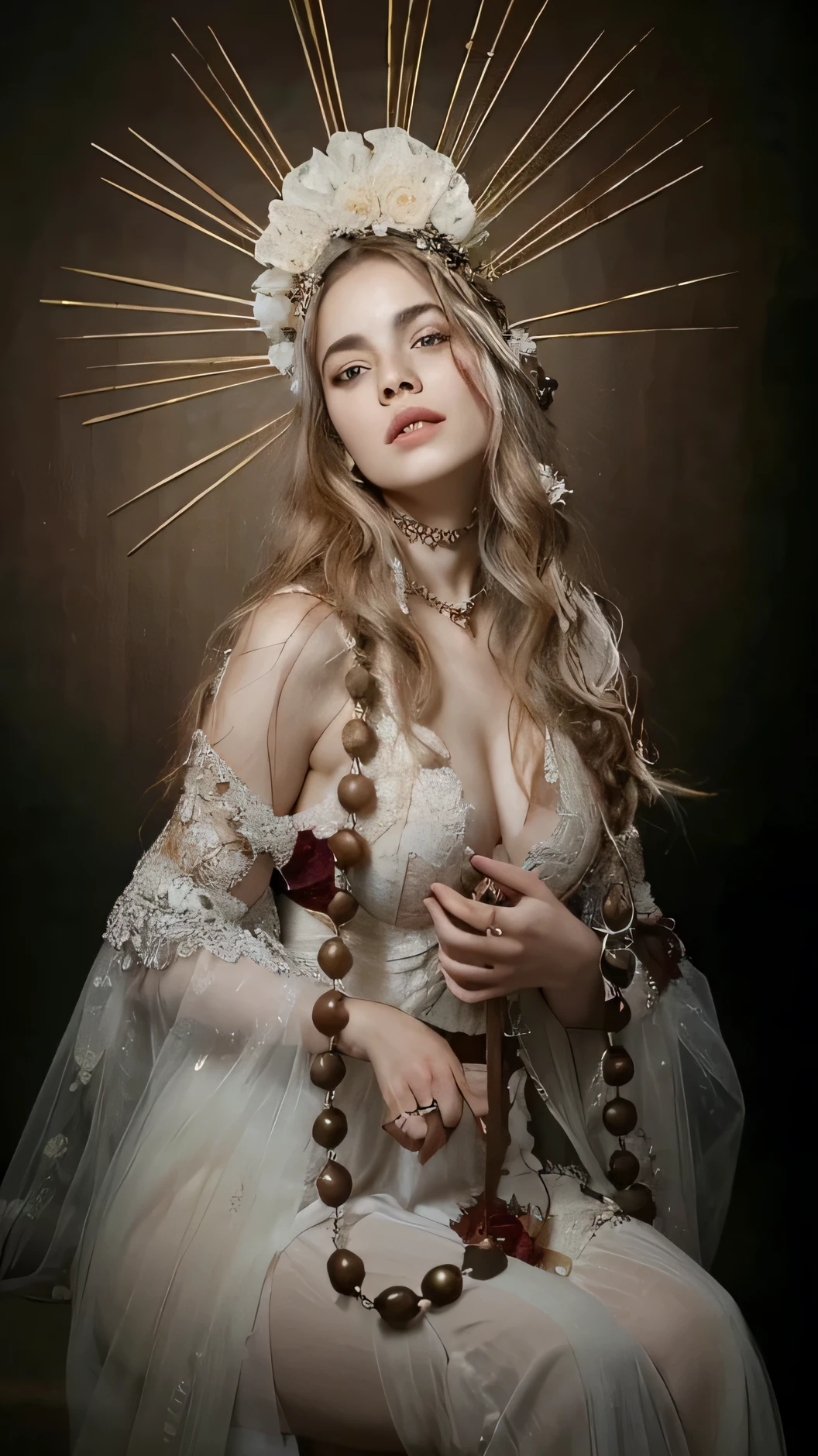 Mujer arafed con un vestido blanco con corona y rosario., Inspirado por James Christensen, karol bak de emma watson monja, un impresionante retrato de una diosa, inspirado en Hans Makart, Persephone as goddess of death.., miguel husar, en un estilo alto renacentista, majestuosa santa mujer, inspired by the Master of the Legend of Saint Lucia, ponme celoso, tetas gigantes, pechos grandes