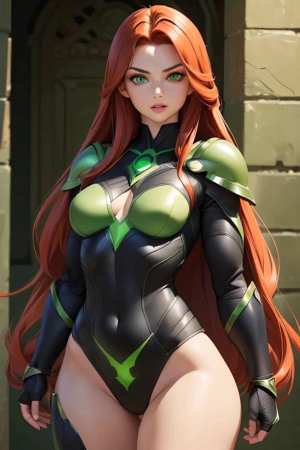 ((Masterpiece)) ((Perfect Face)) ((Beautiful)) ((Small Breasts)) ((portrait)) ((Wide Hips)) ((Broad Shoulders)) ((Powerful physique)) ((black and green Super Hero Armor)) ((Super Powers)) ((Long Hair)) ((auburn Hair)) ((Pale Skin)) ((Glowing green Eyes)) ((Button Nose)) ((Full Lips))
