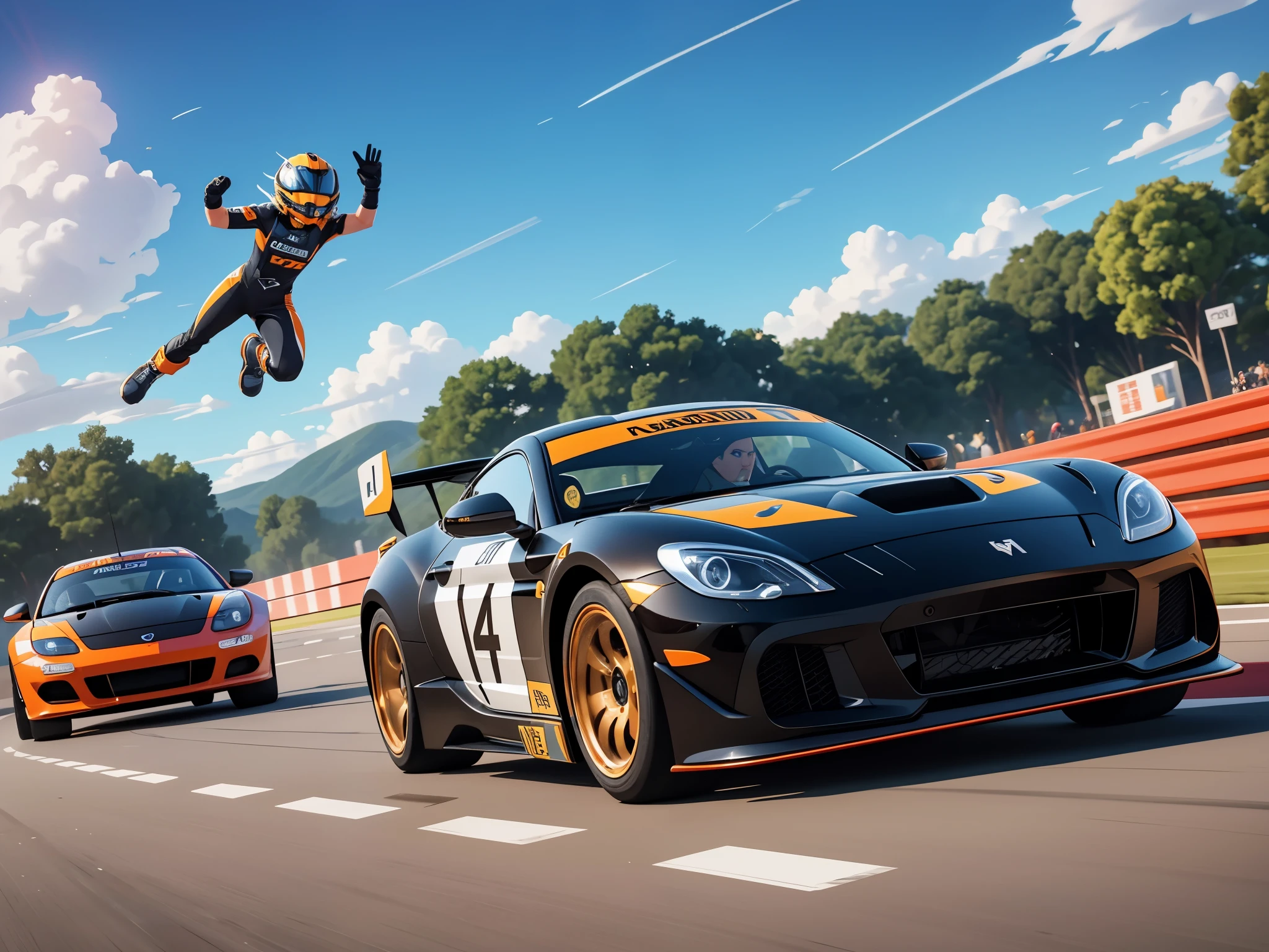 best quality,4k,8k,highres,masterpiece:1.2,ultra-detailed,realistic:1.37,portrait,photography,portrait photography,bright colors,sunlight,exciting,fast-paced,nervous excitement,adrenaline rush,crowded pit lane,motion blur,engine roar,powerful machines,polished race cars,sleek design,carbon fiber body,shiny metallic paint,exquisite details,sparkling chrome accents,high-tech dashboard,confidence,concentration,determination,speed suit,racing helmet,visored helmet,goggles,tightly buckled seatbelt,steering wheel,tight grip,stern face,focused eyes,wind-swept hair,leaping into the car,precision,perfection,tire smoke,burning rubber,flying debris,flag-waving spectators,roaring crowd,flashing cameras,vibrant atmosphere,electric energy,team logos,checkered flag victory,celebration.