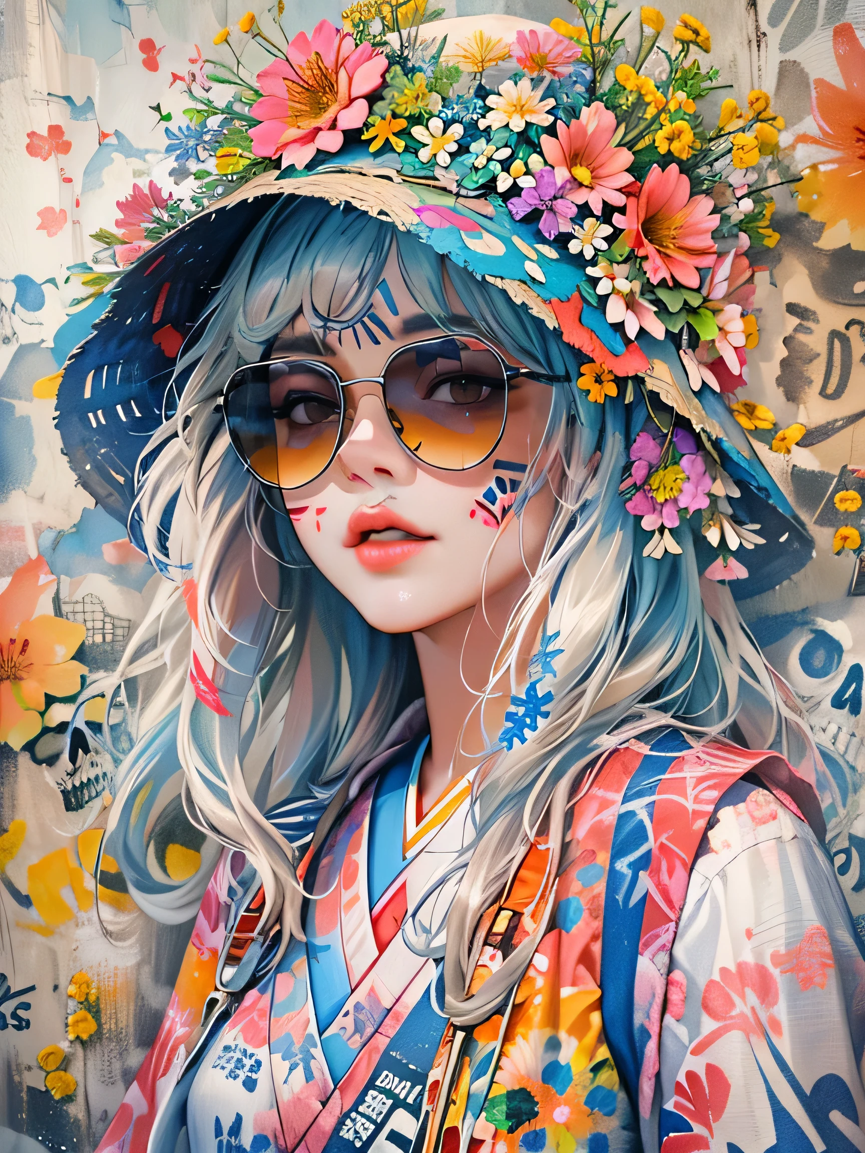 8K quality, watercolor painting, stylish design, (((The strongest beautiful girl of all time))), (((Japanese)))、Idol、clear, Stylish sunglasses, Fashionable hats, (((highest quality))), bob hair, Place your hands on the wall, HDR, ((Detailed details)), (((skull fashion))), detailed clothing texture, (((graffiti art))), colorful hair, ((masterpiece))、((Super detailed))、(((colorful flowers)))