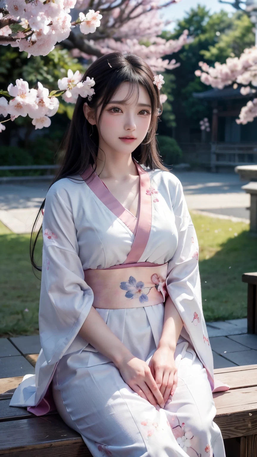 (logo、masterpiece、8k、table top、RAW photo、wonderful、最high quality、Photorealistic and hvery detailed CG integrated 8k wallpaper、high quality、very detailed、Narrative poem、particle effects、dynamic effects、written boundary depth、cinematic light、Lens flare、ray tracing)、fantasy、 (1 beautiful woman、white kimono、Japan Dress、white cherry blossom pattern、White cherry blossom embroidery pattern、black haired、beautiful face、real face、beautiful details eyes beautiful skin)、Hair flutters in Wind、hair bounces、pink cherry tree、petals dance、SakuraFubuki、wonderful scenery、sunrise、sun on background、Wind、god々、teeth、god story、vast land