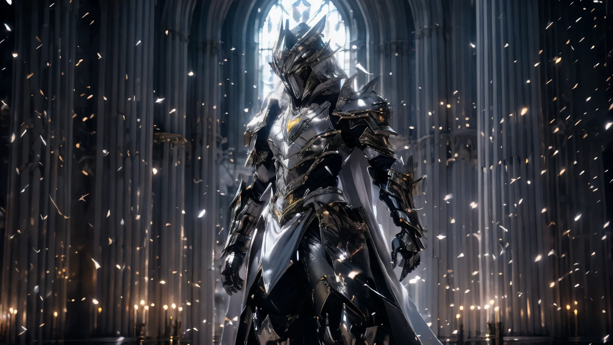 Powerful male king, (raphtalia cosplay), bright gray eyes, long silver hair, beautiful delicate face, a royal suit of thick fabric (white), gray cape, middle earth style clothing (fantastic), shiny silver armor, in a majestic kingdom, in the background a magical silver forest, dark night, ethereal lights in the air, ultra-realistic, 8k.