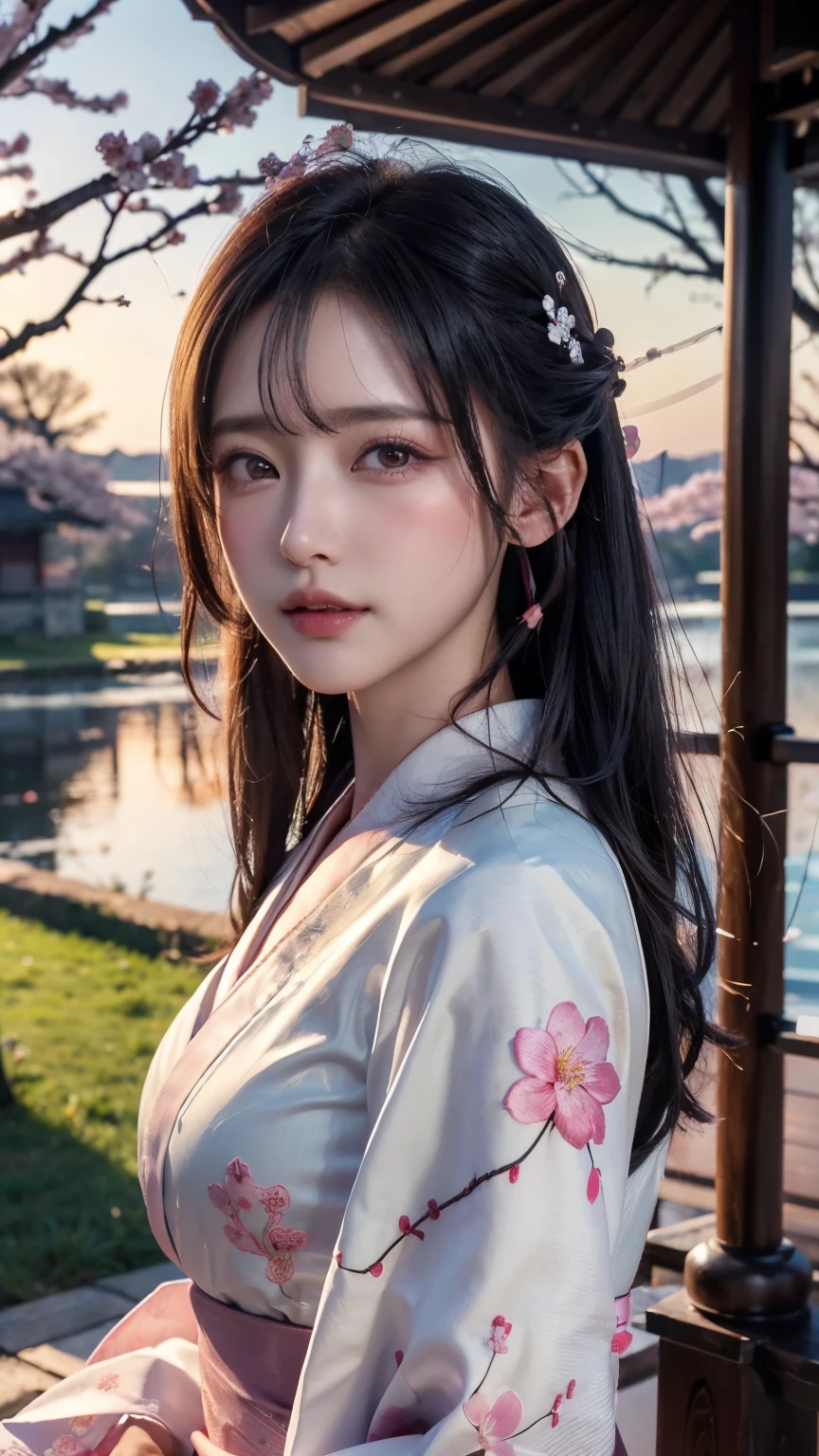 (logo、masterpiece、8k、table top、RAW photo、wonderful、最high quality、Photorealistic and hvery detailed CG integrated 8k wallpaper、high quality、very detailed、Narrative poem、particle effects、dynamic effects、written boundary depth、cinematic light、Lens flare、ray tracing)、fantasy、 (1 beautiful woman、white kimono、Japan Dress、white cherry blossom pattern、White cherry blossom embroidery pattern、black haired、beautiful face、real face、beautiful details eyes beautiful skin)、Hair flutters in Wind、hair bounces、pink cherry tree、petals dance、SakuraFubuki、wonderful scenery、sunrise、sun on background、Wind、god々、teeth、god story、vast land