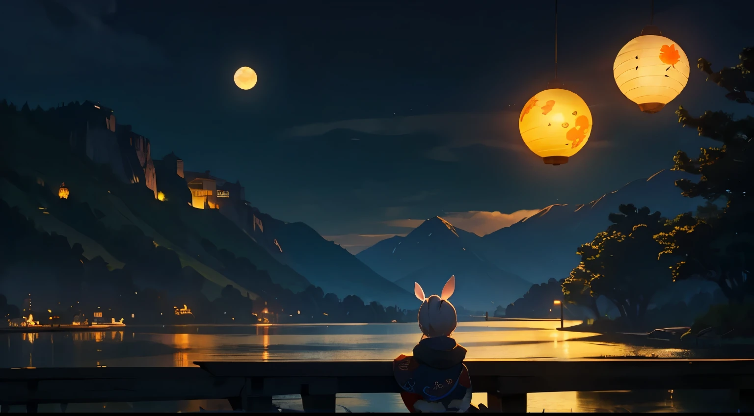 Mid-Autumn Festival，Full moon，Bunnies，lanterns，the night，Scenic beauty，k hd，designs