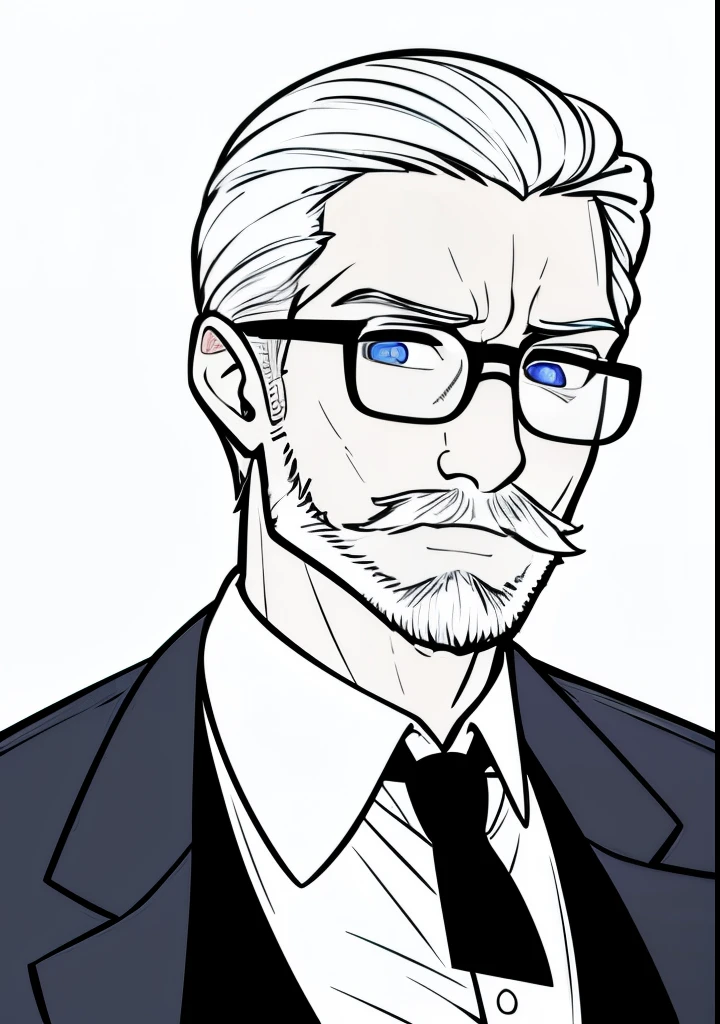 Adult male, white and tender skin, pale blonde slicked back combed short hair, kaisermustache and a ducktail beard, steel blue eyes, green and slightly mature, serious and emotionless facial expression,wearing a black suit jacket, white collar shirt, black tie and suit pants and glasses, portrait style,  facing forwards