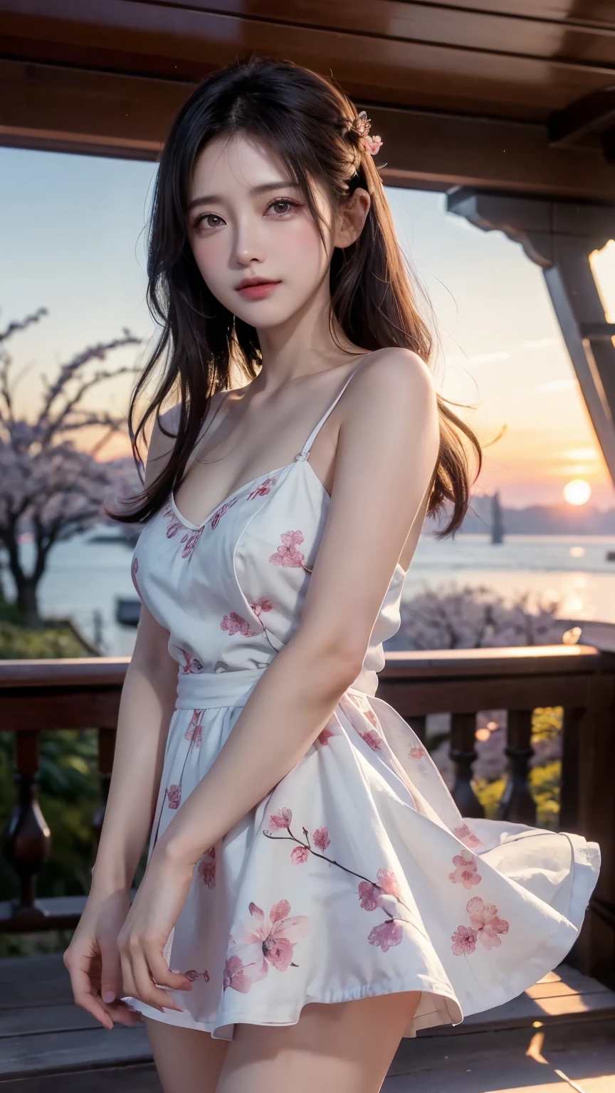 (logo、masterpiece、8K、table top、RAW photo、wonderful、最high quality、Photorealistic and very detailed CG integrated 8k wallpaper、high quality、very detailed、narrative poem、particle effects、dynamic effect、Depth of bounds written、cinematic light、Lens flare、ray tracing)、fantasy、 (1 beautiful woman、dress、dress、Cherry blossom pattern、black haired、beautiful face、real face、beautiful details eyes beautiful skin)、My hair dances in the wind、Hair flutters in Wind、hair jump、pink cherry tree、petals dance、SakuraFubuki、wonderful scenery、sunrise、sun on background、Wind、