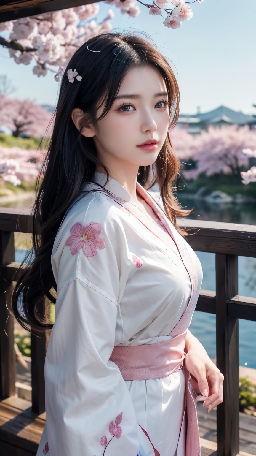 (logo、masterpiece、8k、table top、RAW photo、wonderful、最high quality、Photorealistic and hvery detailed CG integrated 8k wallpaper、high quality、very detailed、narrative poem、particle effects、dynamic effects、Depth of the bounds written、cinematic light、Lens flare、ray tracing)、fantasy、 (1 beautiful woman、white kimono、Japan Dresses、white cherry blossom pattern、White cherry blossom embroidery pattern、black haired、beautiful face、real face、beautiful details eyes beautiful skin)、Hair flutters in Wind、hair bounces、pink cherry tree、petals dance、SakuraFubuki、Spectacular view、sunrise、sun on background、Wind、god々、tooth、god story、vast land、
