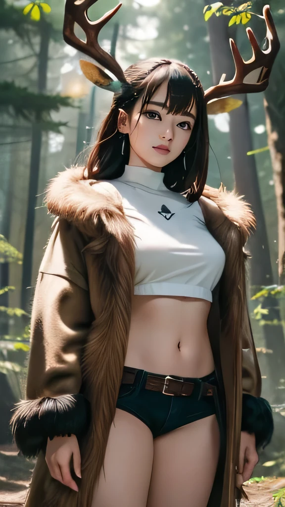 (((masterpiece))),((highest quality)),one beautiful girl,pale, (Character that is a fusion of human and deer: 1.5), 、(((Deer horn:1.5)))、(feet are hooves 1.5)、(belly button)、((fur covers the body:1.5)),(private server), (exposure of skin),(The background is in the forest:1.5).(((from the front:1.5)))、(straight front: 1.5)、(standing in the forest:1.5)